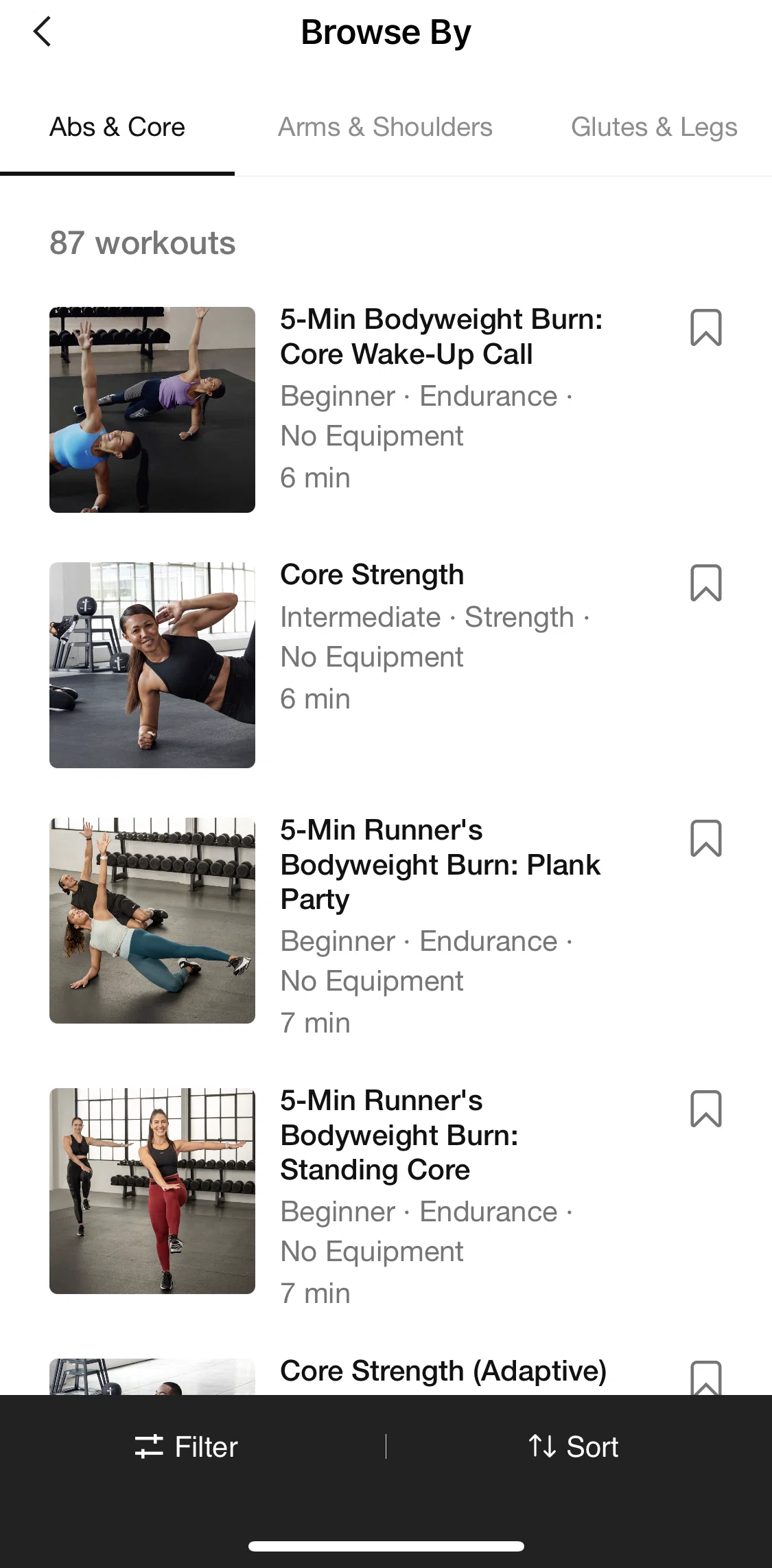 Nike Training Club Screen screen in the Filtering workouts flow