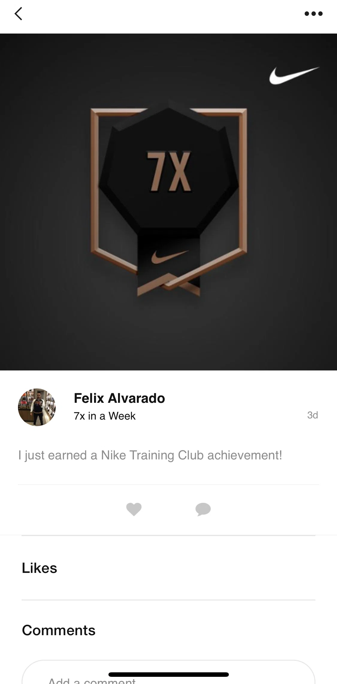 Nike Training Club Screen screen in the Flagging a post flow