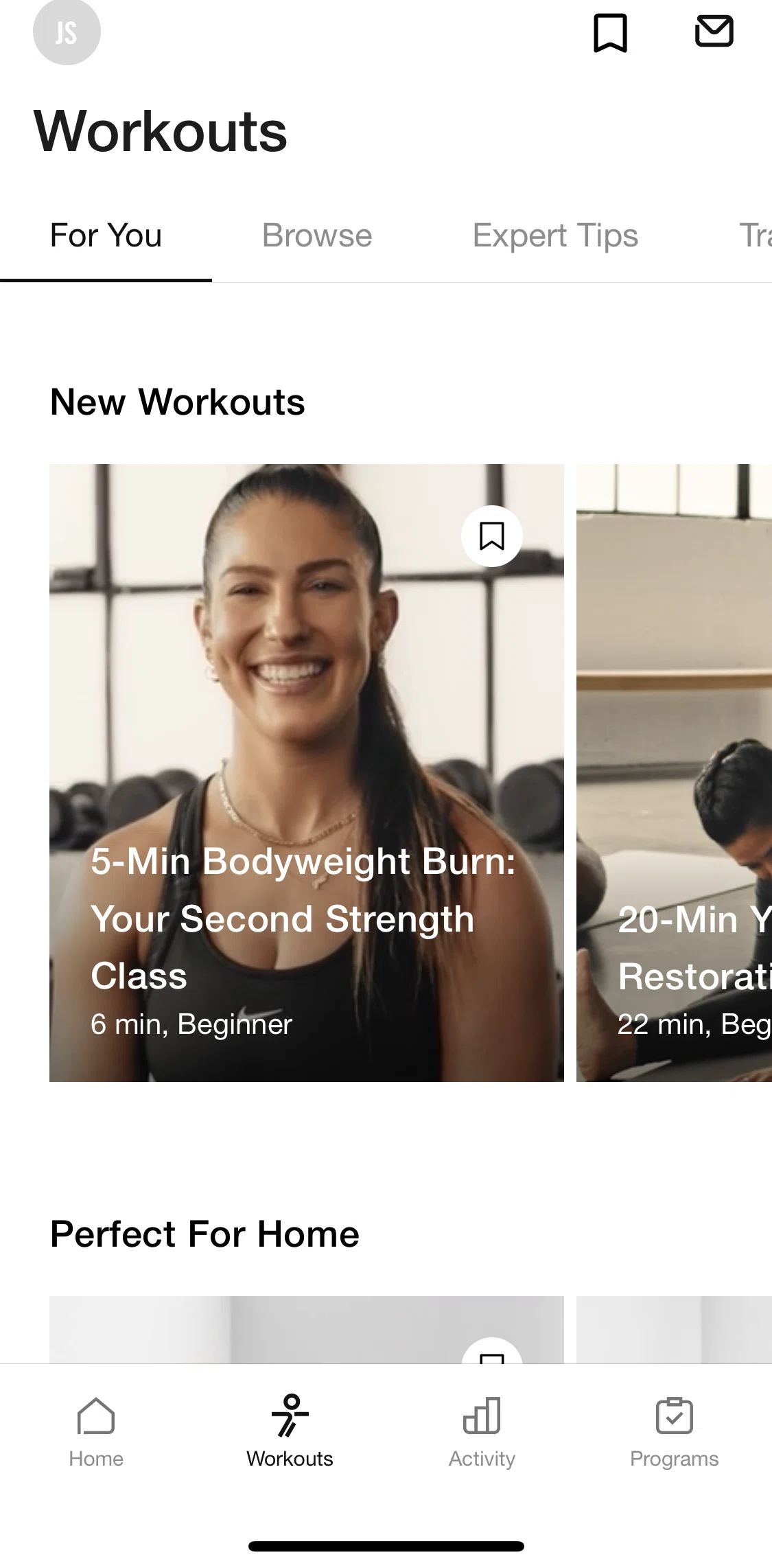 Nike Training Club Screen screen in the Inbox flow
