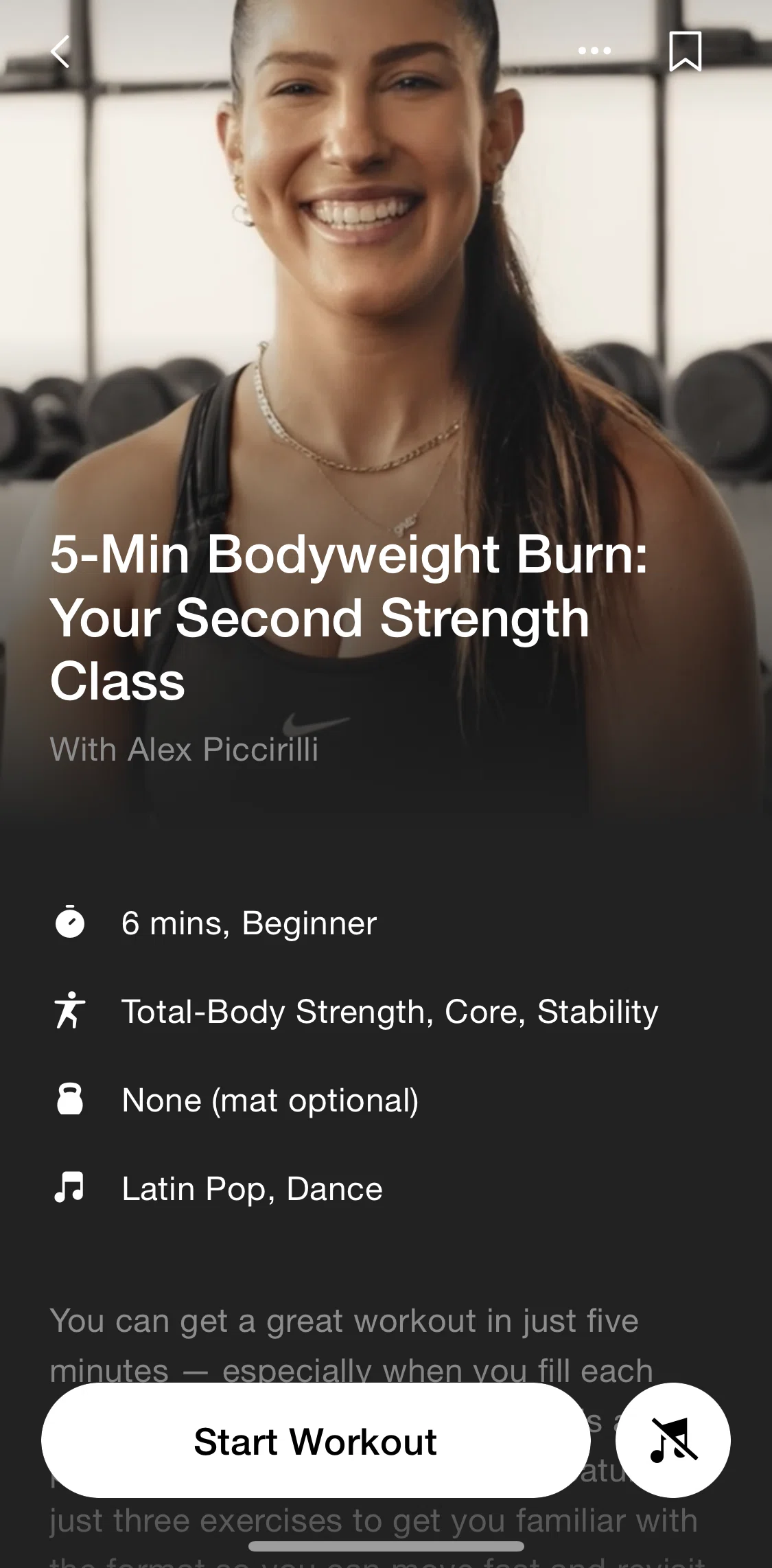 Nike Training Club Screen screen in the Saving a workout flow