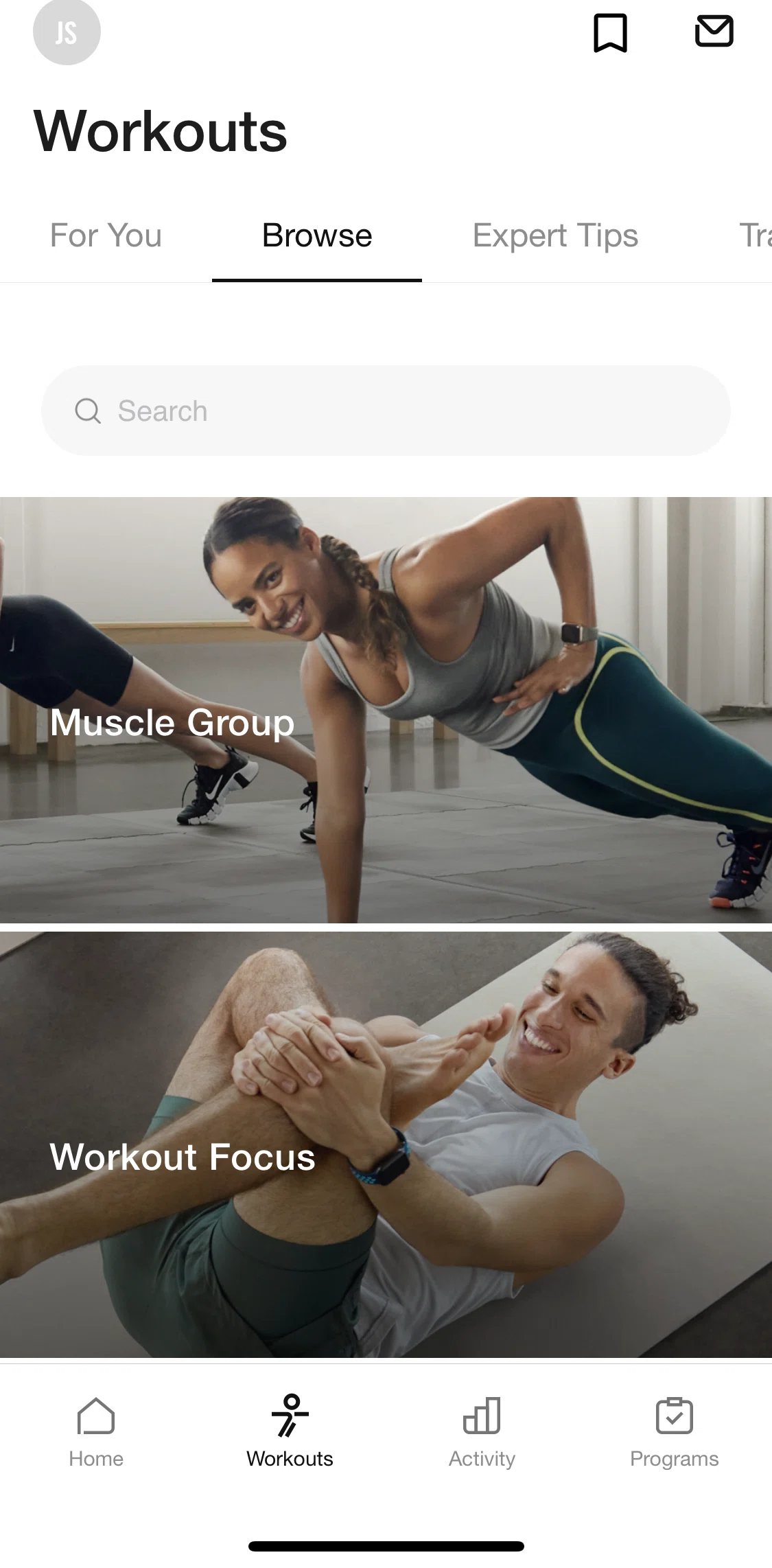 Nike Training Club Screen screen in the Searching for a workout flow