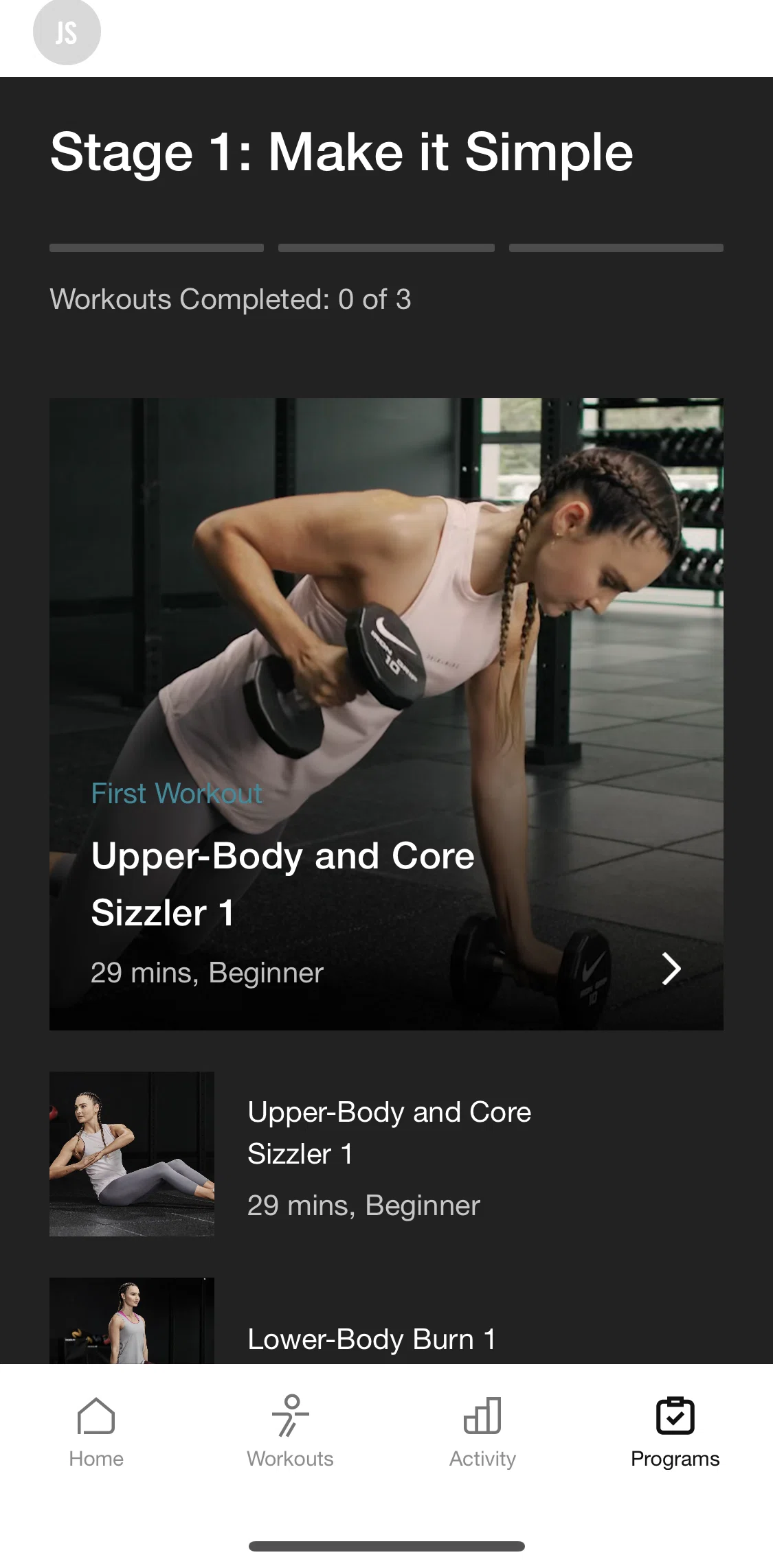 Nike Training Club Screen screen in the Starting a program flow