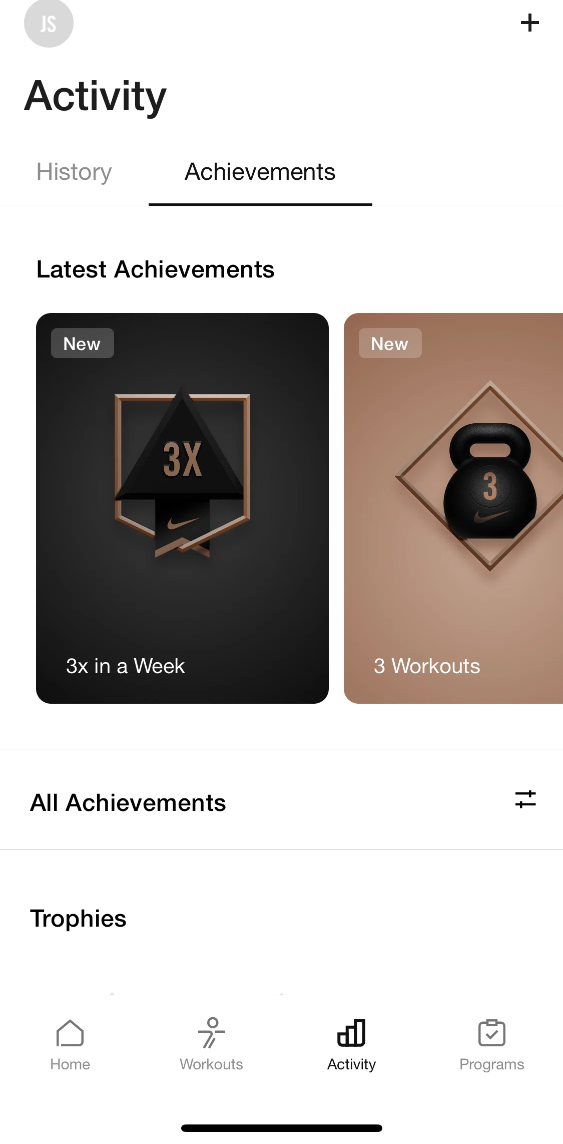 Nike Training Club Screen screen in the View all achievements flow