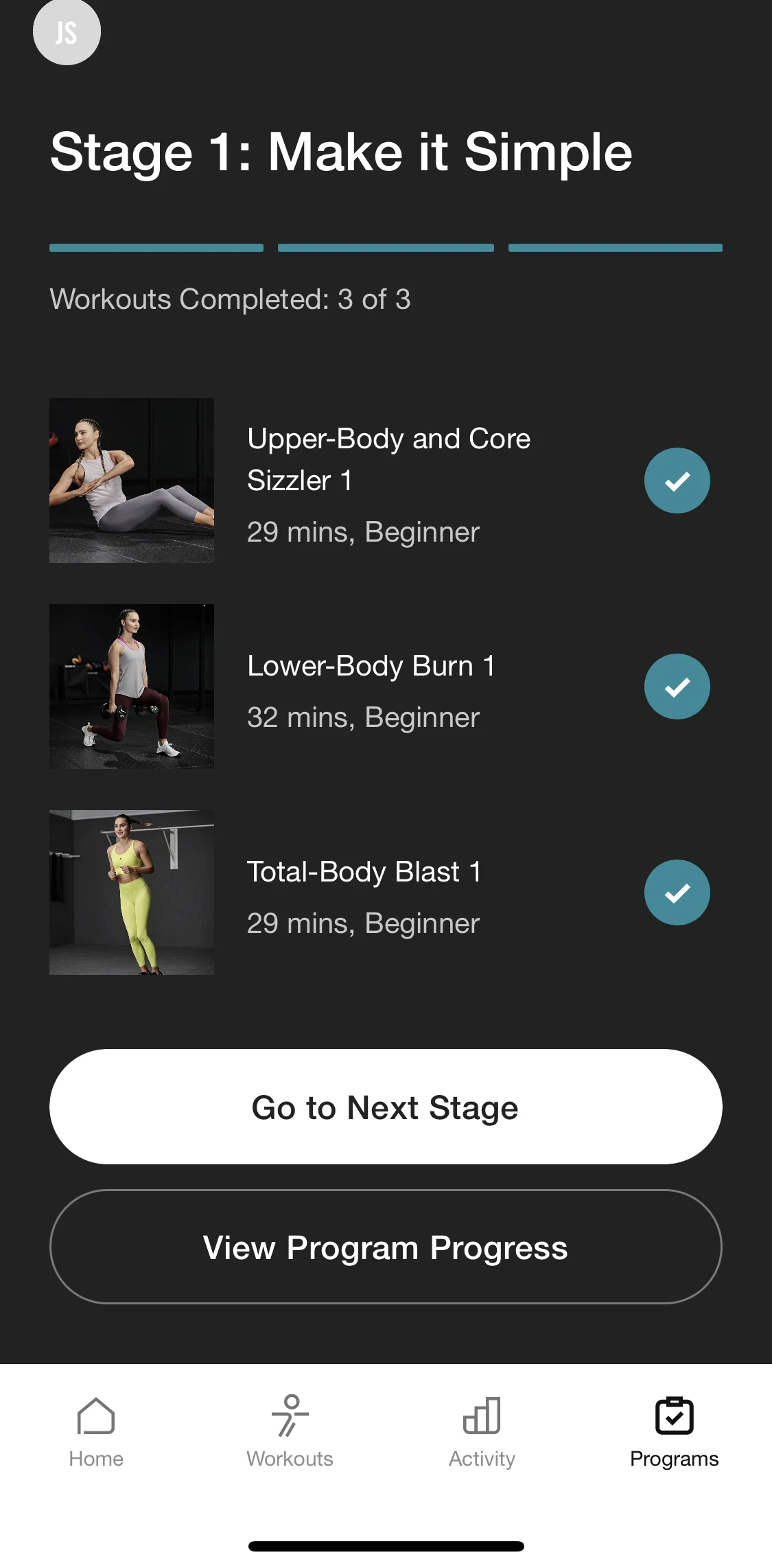 Nike Training Club Screen screen in the View program progress flow