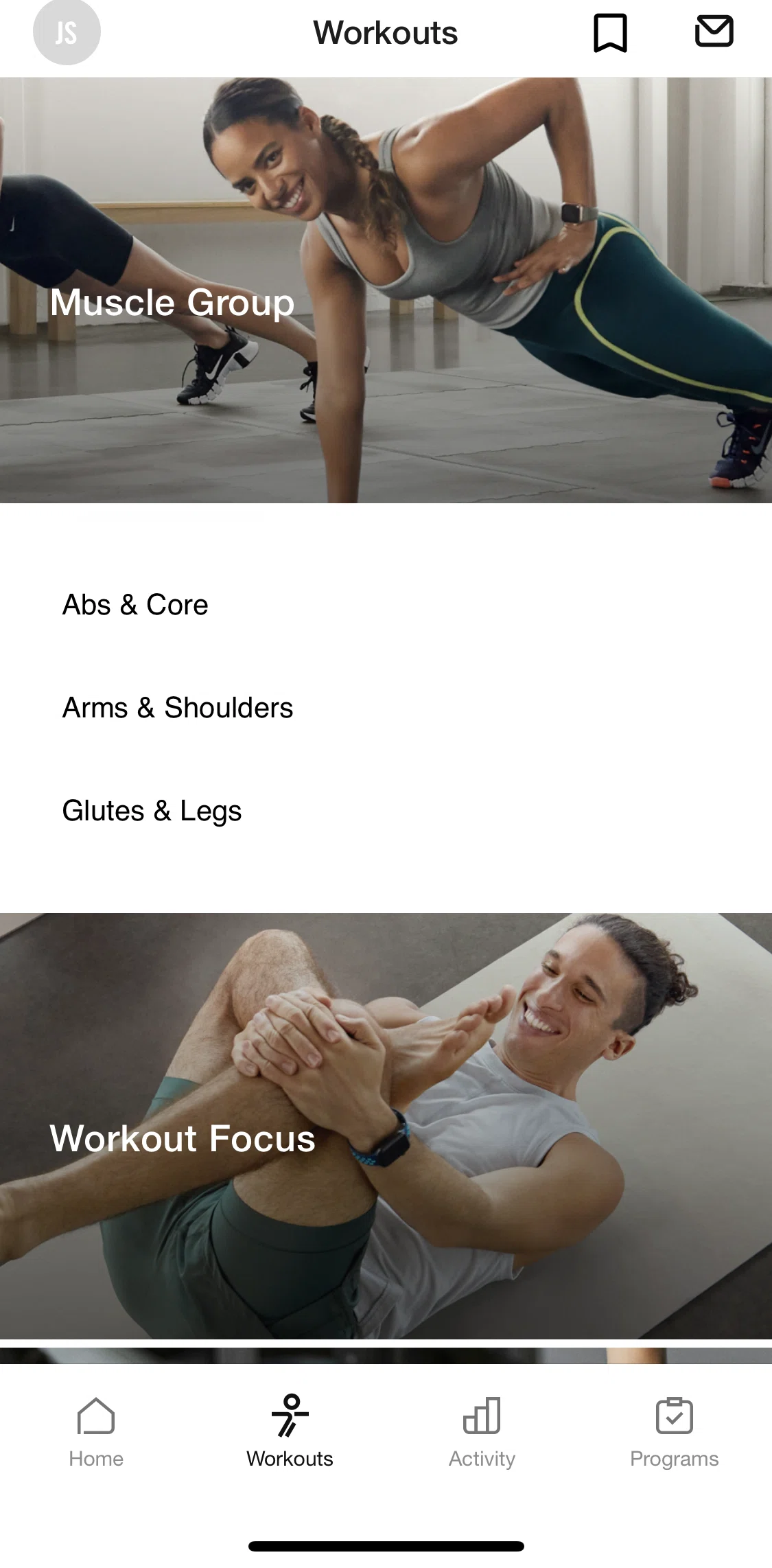Nike Training Club Screen screen in the View workouts by categories flow