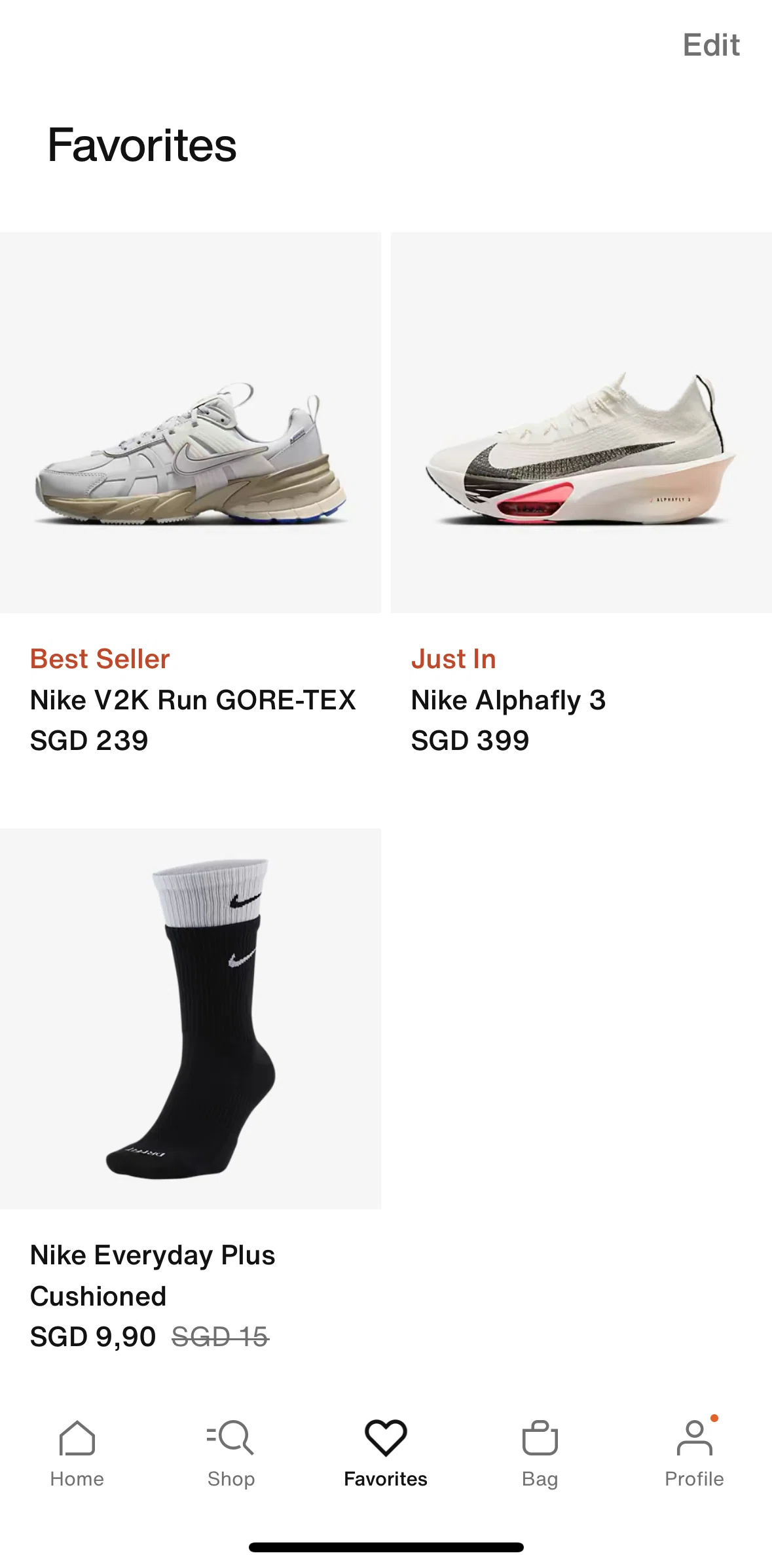 Nike Screen screen in the Editing favorites flow