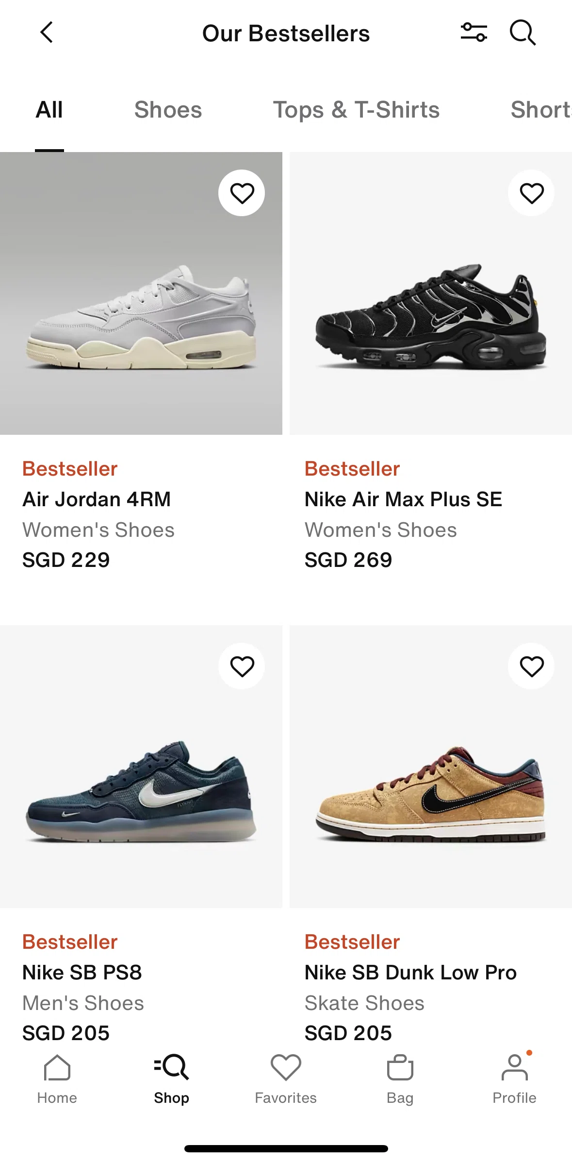Nike Screen screen in the Filtering Bestsellers flow