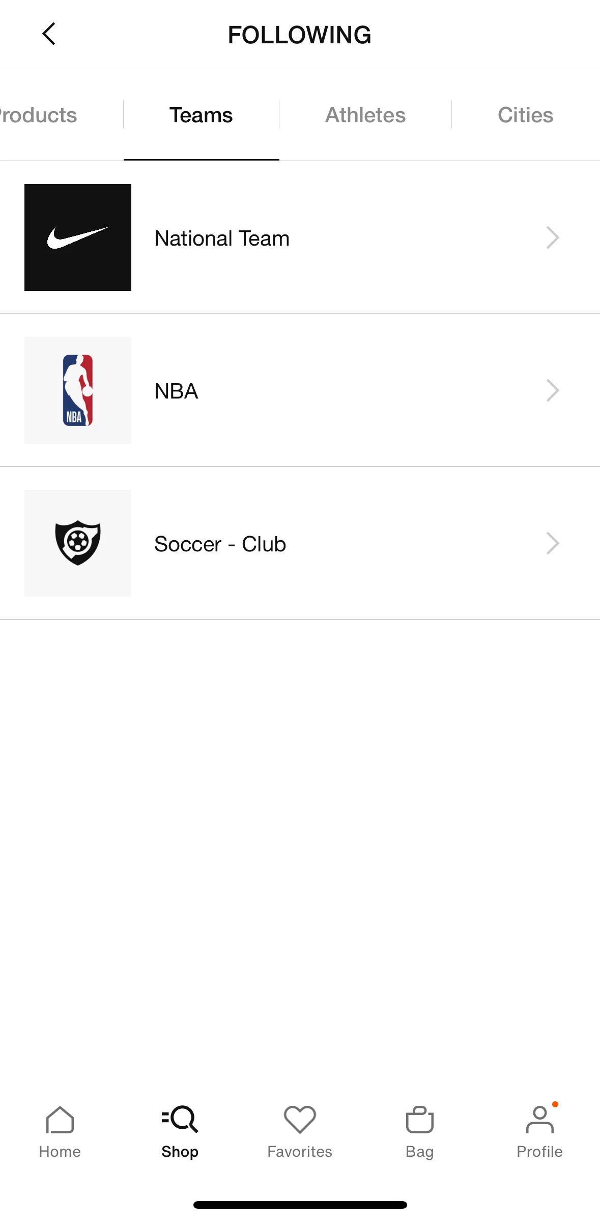 Nike Screen screen in the Following a team flow