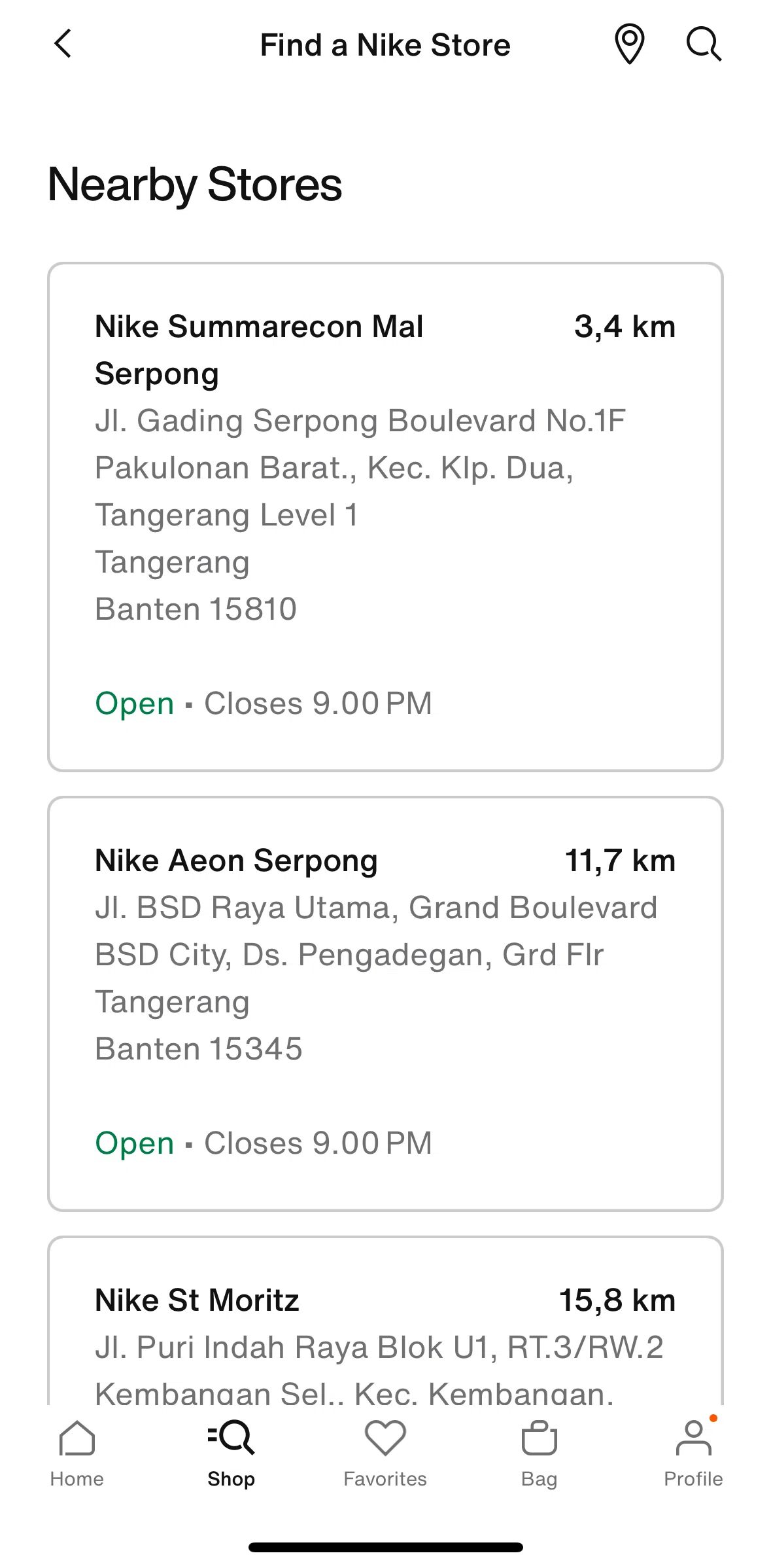Nike Screen screen in the Nearby stores flow