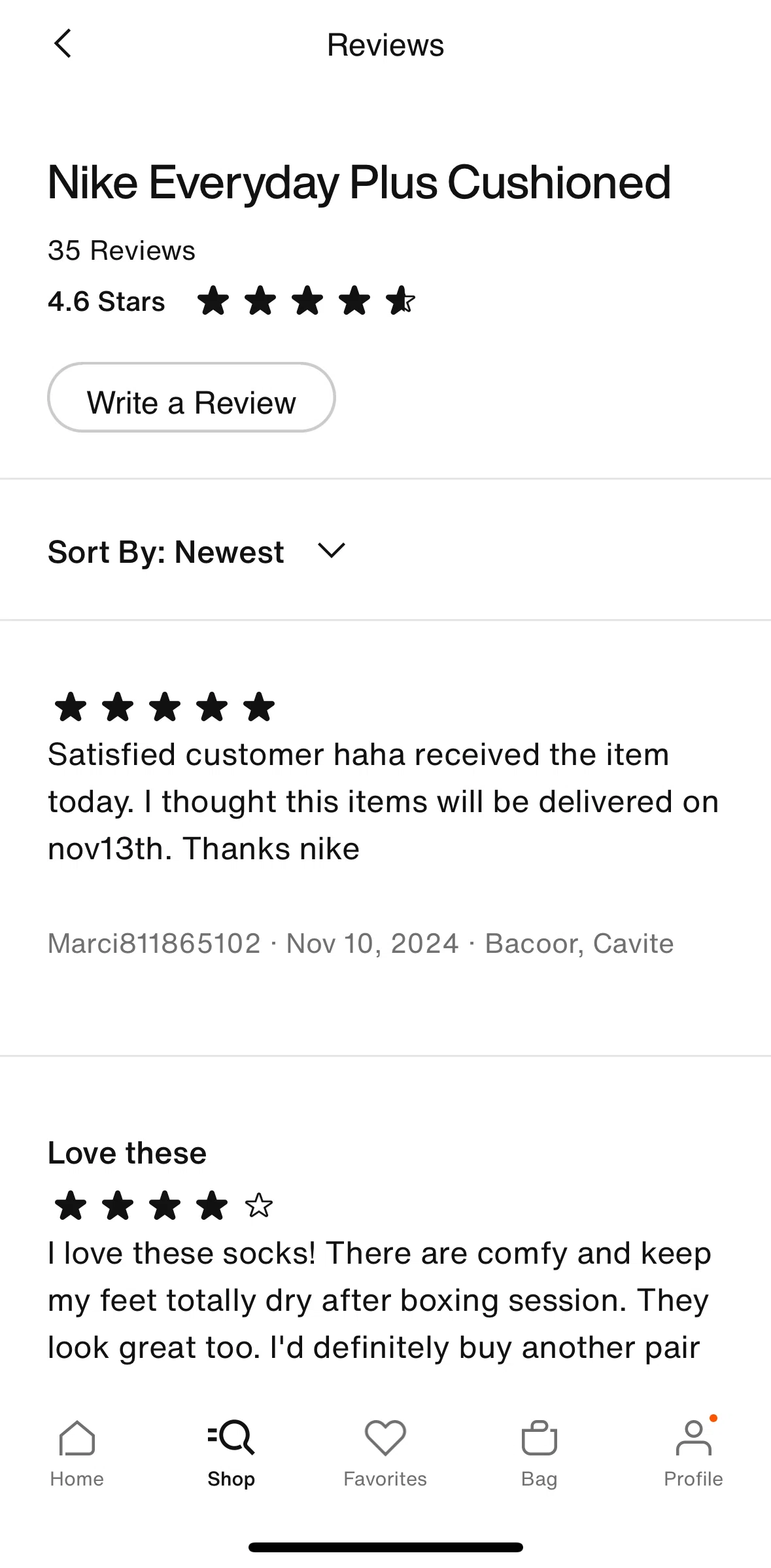 Nike Screen screen in the Sorting reviews flow
