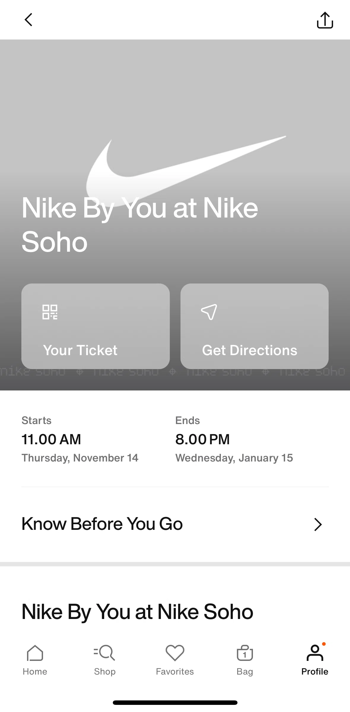 Nike Screen screen in the Ticket flow