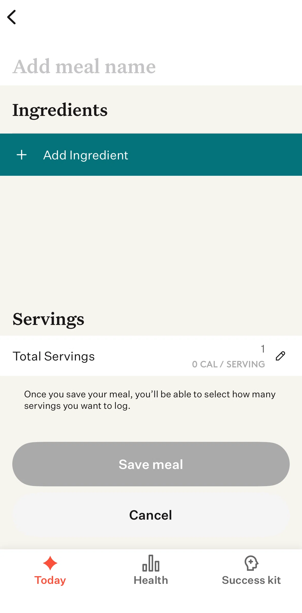 Noom Screen screen in the Adding an ingredient flow
