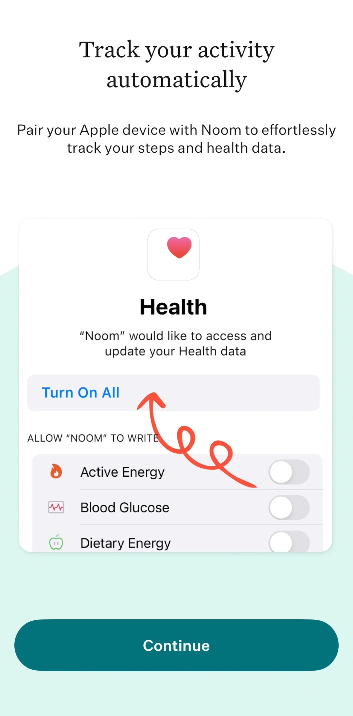 Noom Screen screen in the Connecting to Apple Health flow