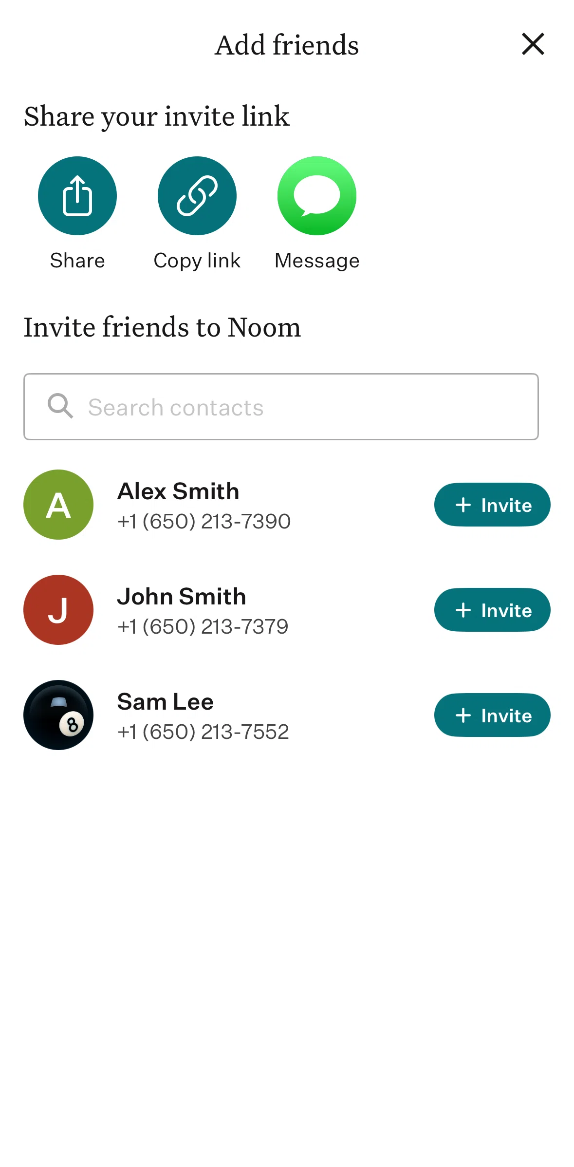 Noom Screen screen in the Copying an invite link flow