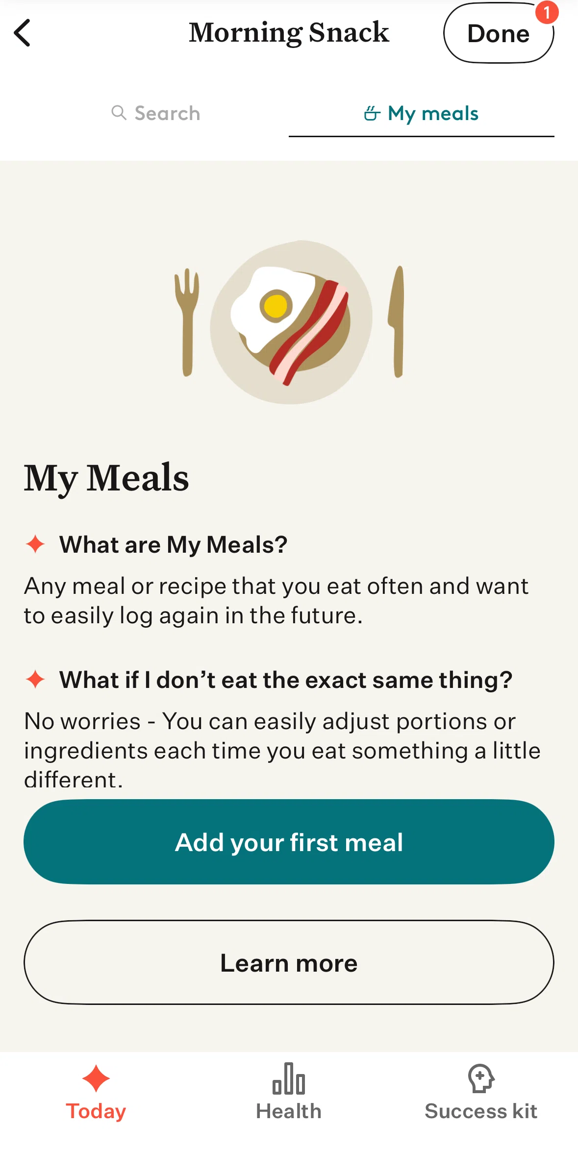 Noom Screen screen in the Creating a meal flow