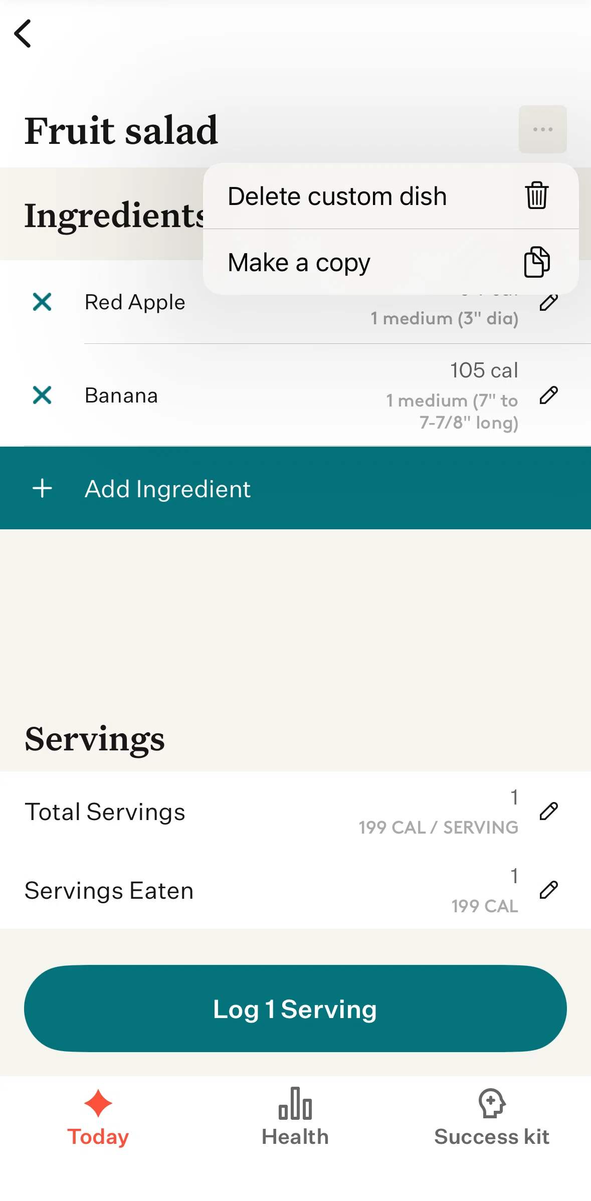 Noom Screen screen in the Duplicating a meal flow