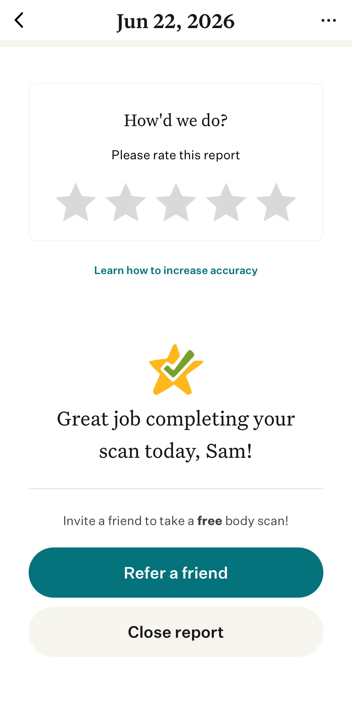 Noom Screen screen in the Giving feedback (body scan report) flow