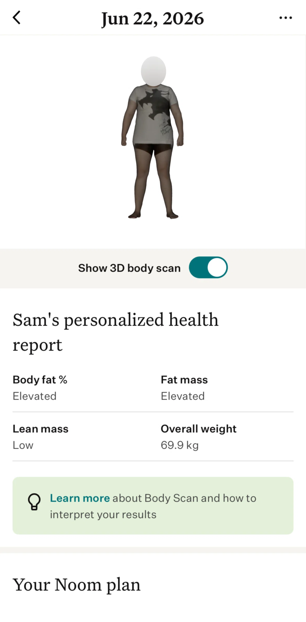 Noom Screen screen in the Hiding a 3D body scan flow