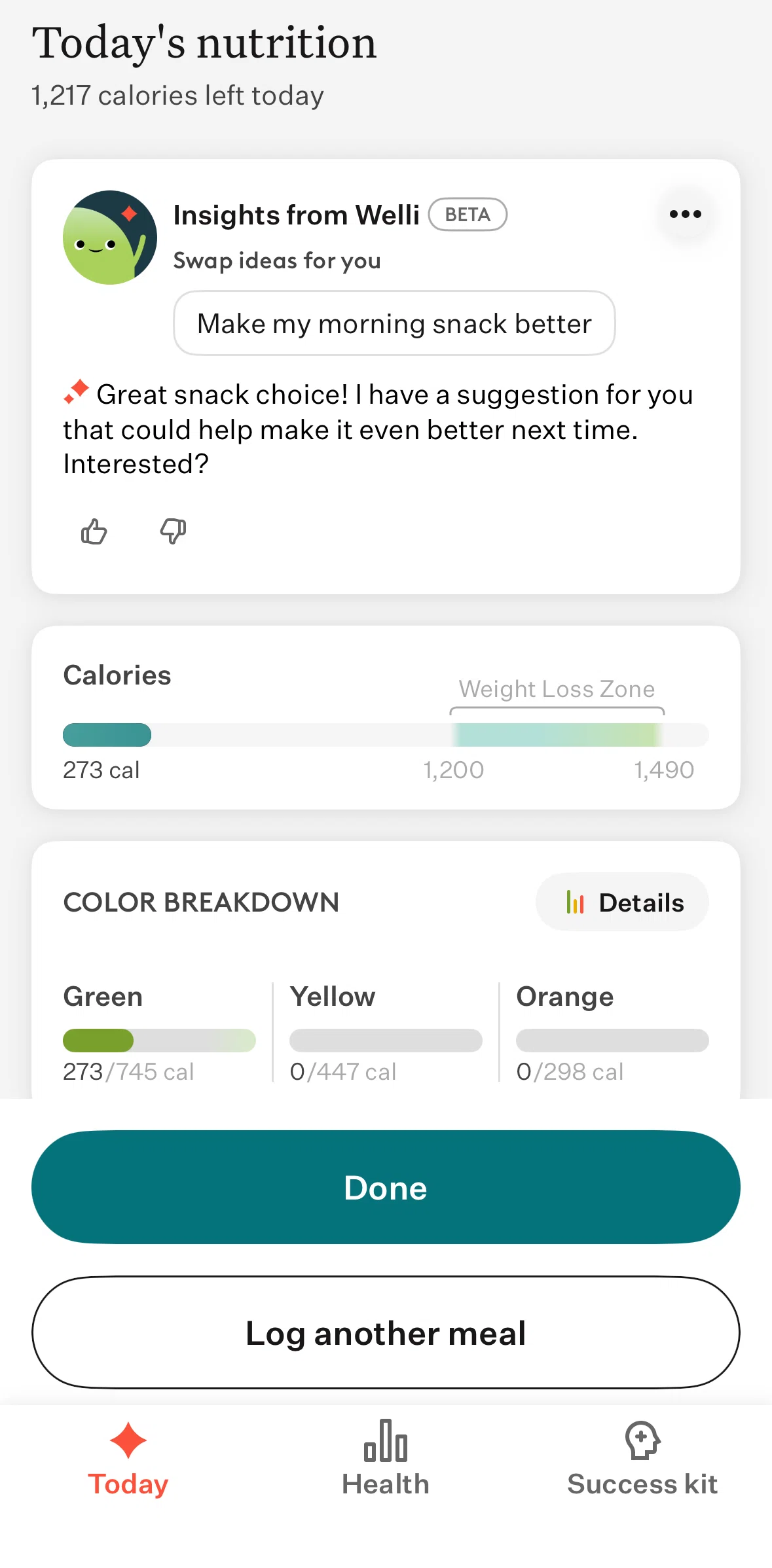 Noom Screen screen in the Hiding today's insights flow