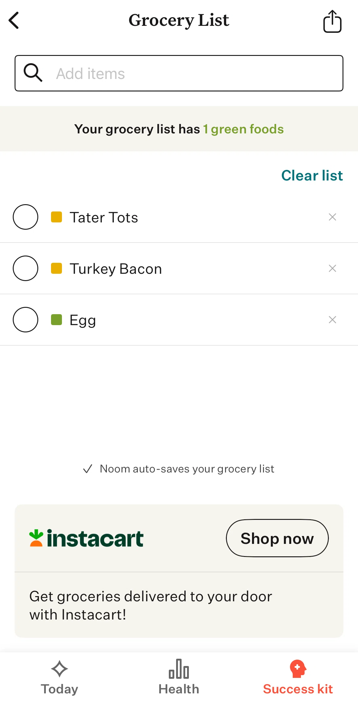 Noom Screen screen in the Marking grocery items as bought flow