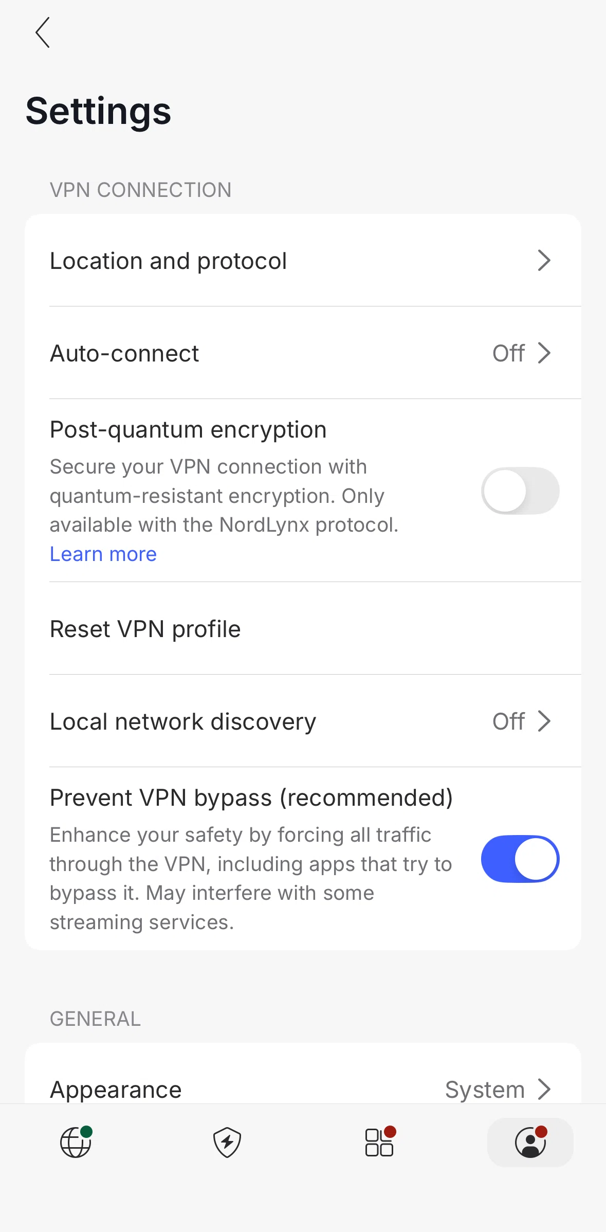 NordVPN Screen screen in the Changing auto-connect settings flow