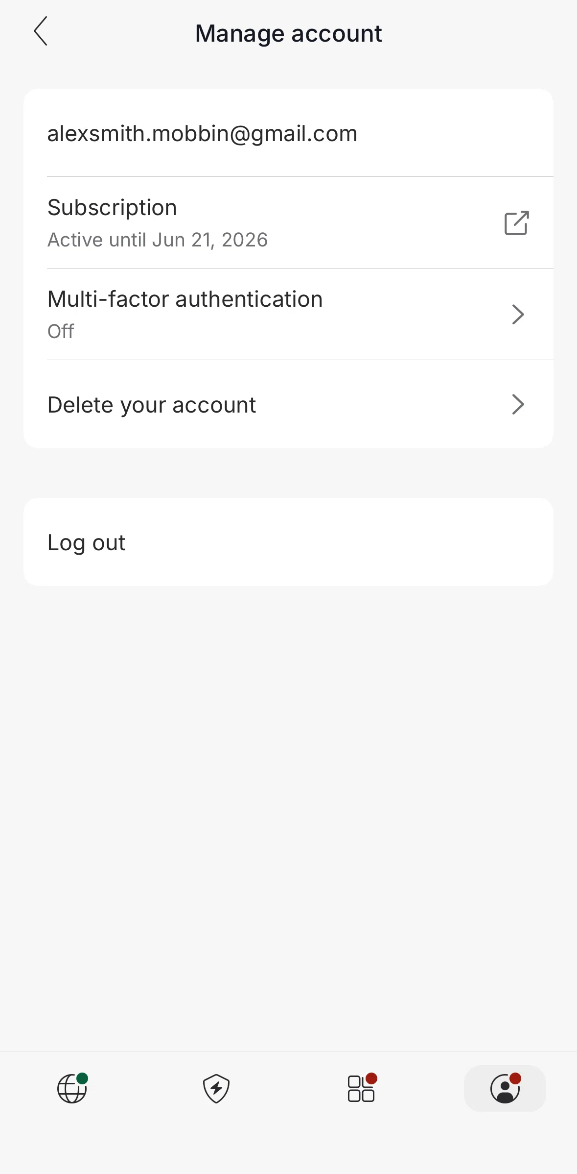 NordVPN Screen screen in the Delete an account flow