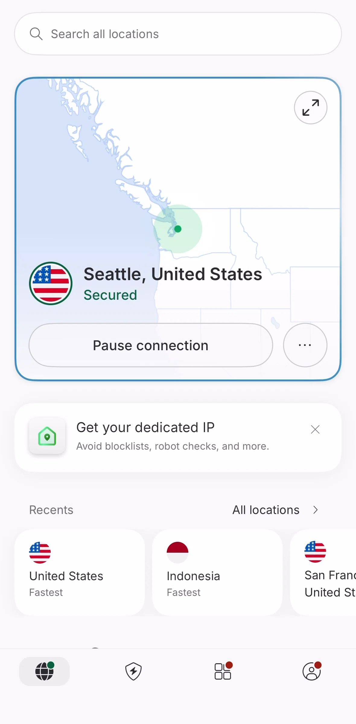 NordVPN Screen screen in the Pausing a connection flow