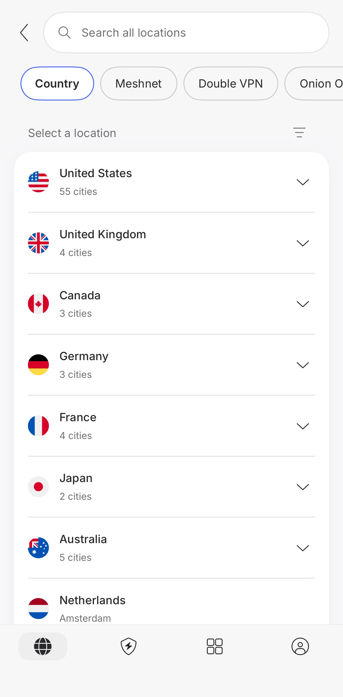 NordVPN Screen screen in the Searching a location flow