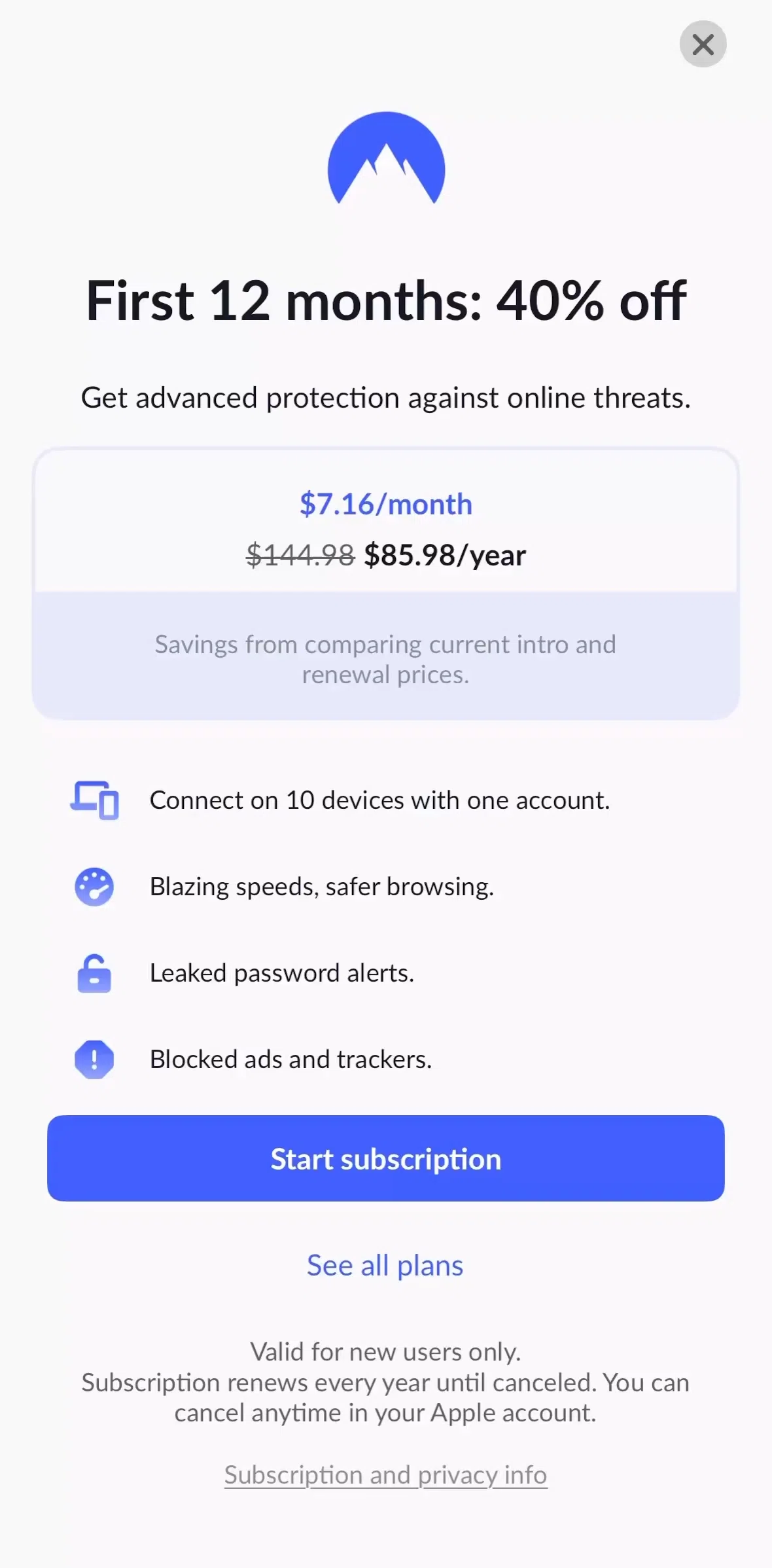 NordVPN Screen screen in the Subscribing to NordVPN flow