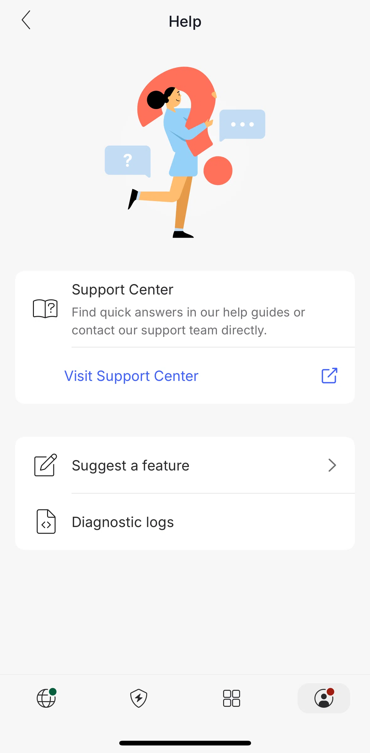 NordVPN Screen screen in the Suggesting a feature flow