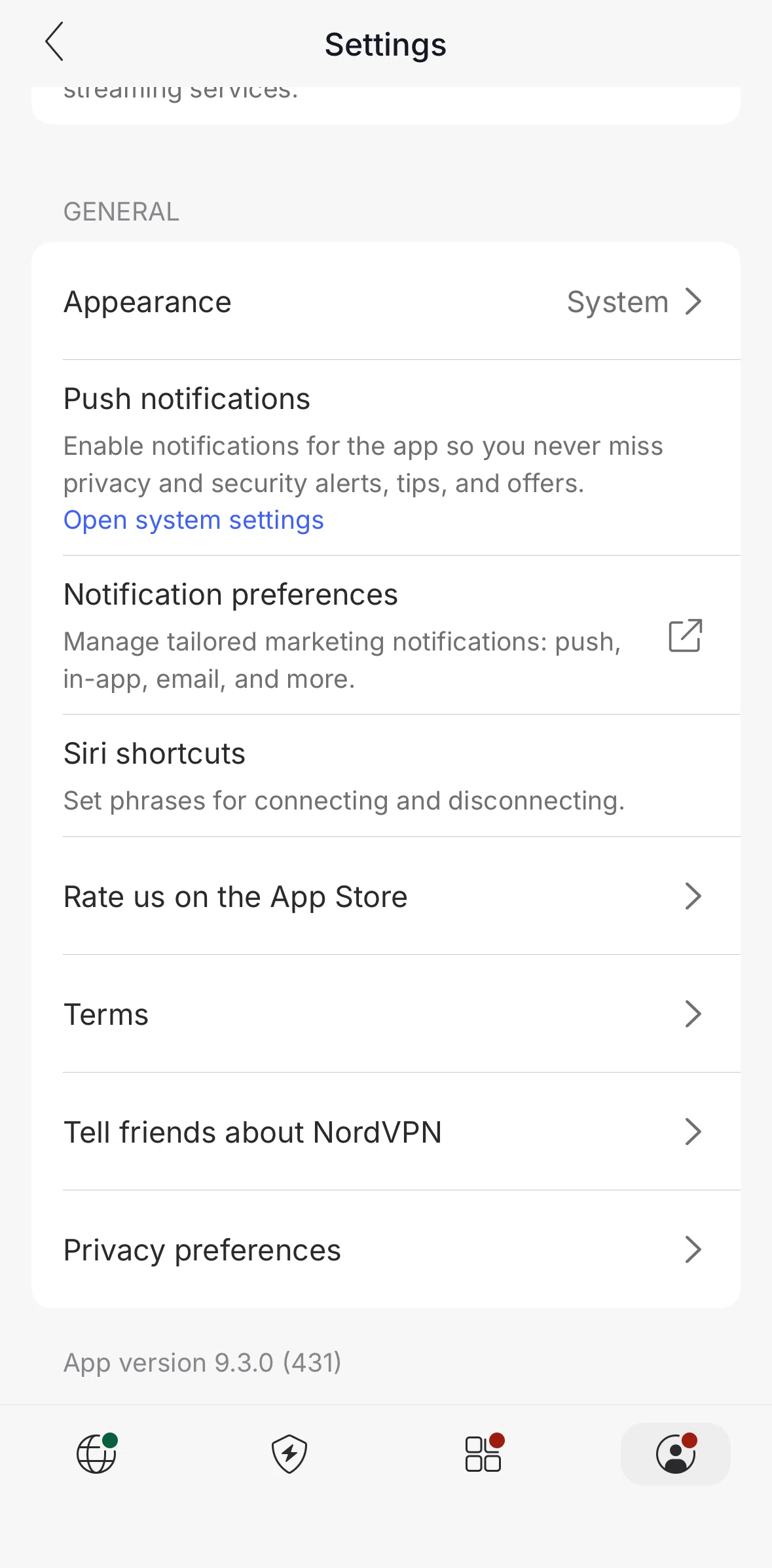 NordVPN Screen screen in the Switching to dark mode flow