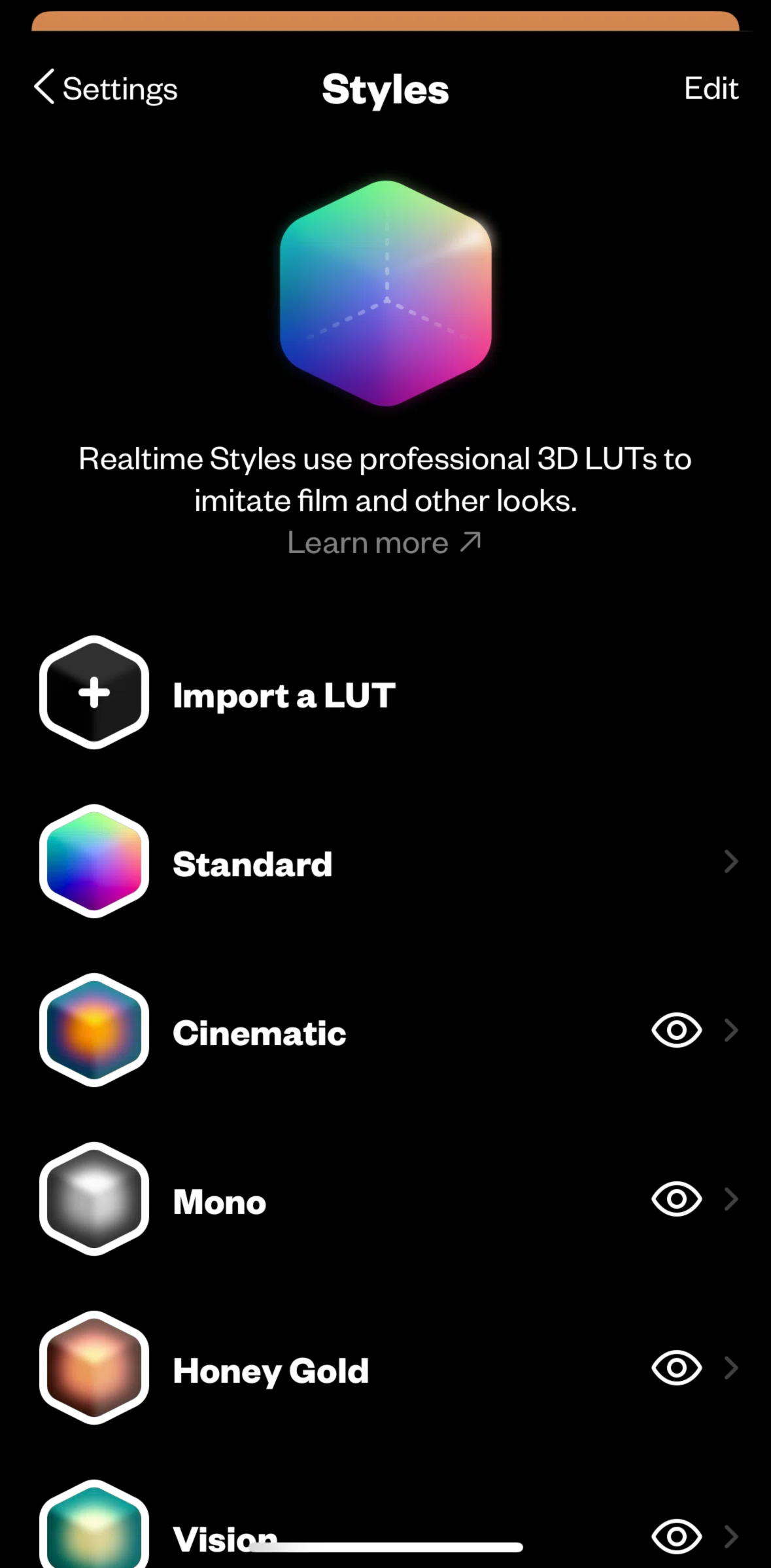(Not Boring) Camera Screen screen in the Hiding a LUT flow