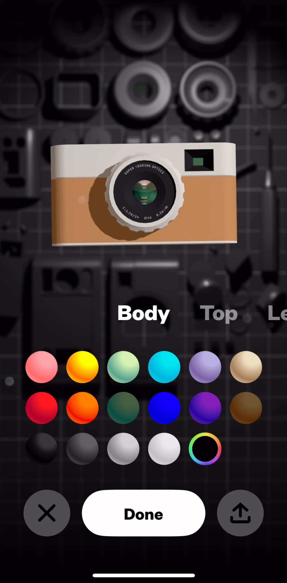(Not Boring) Camera Screen screen in the Sharing camera flow