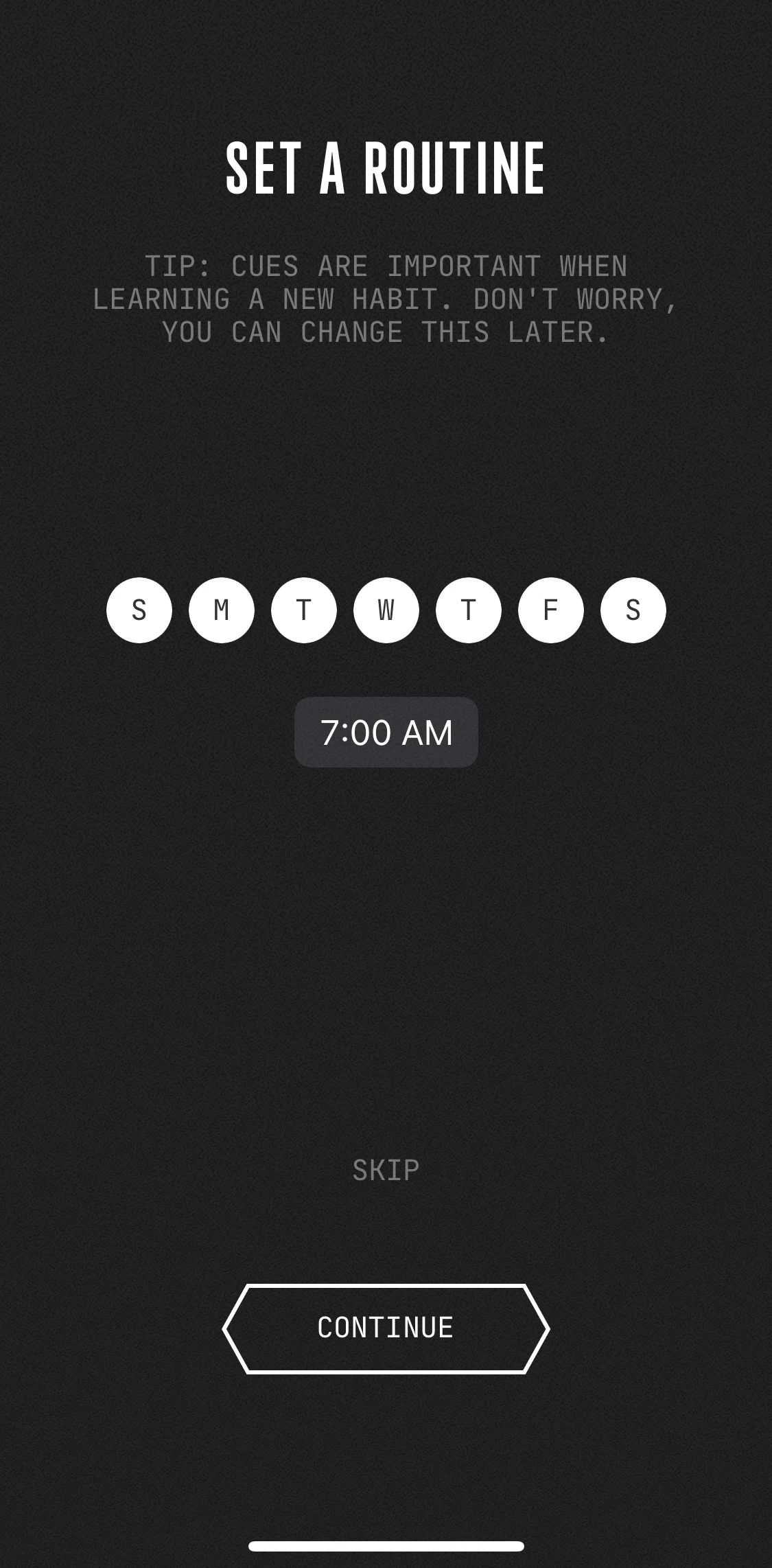 (Not Boring) Habits Screen screen in the Setting a routine flow