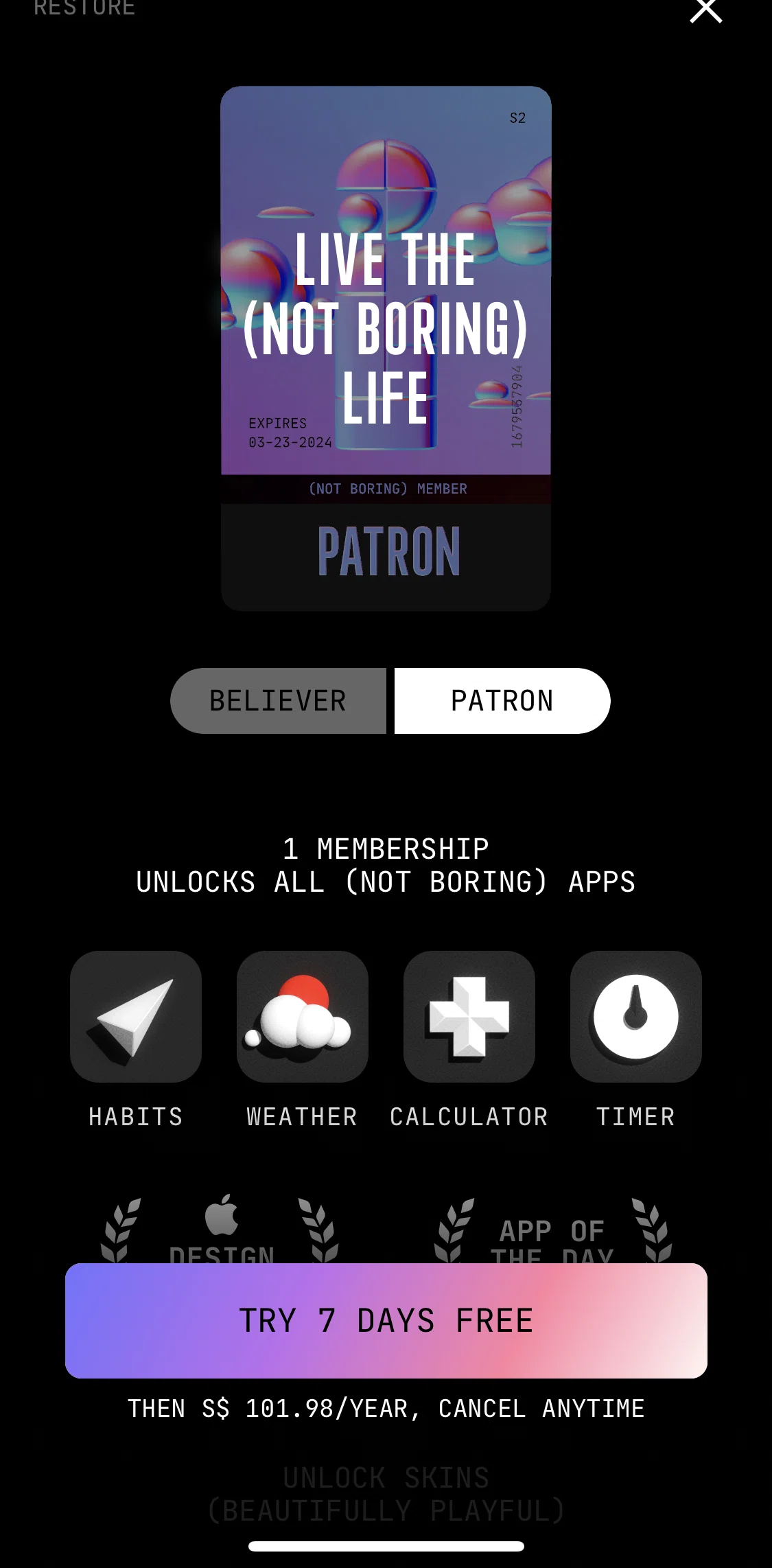 (Not Boring) Habits Screen screen in the Subscribing to membership flow