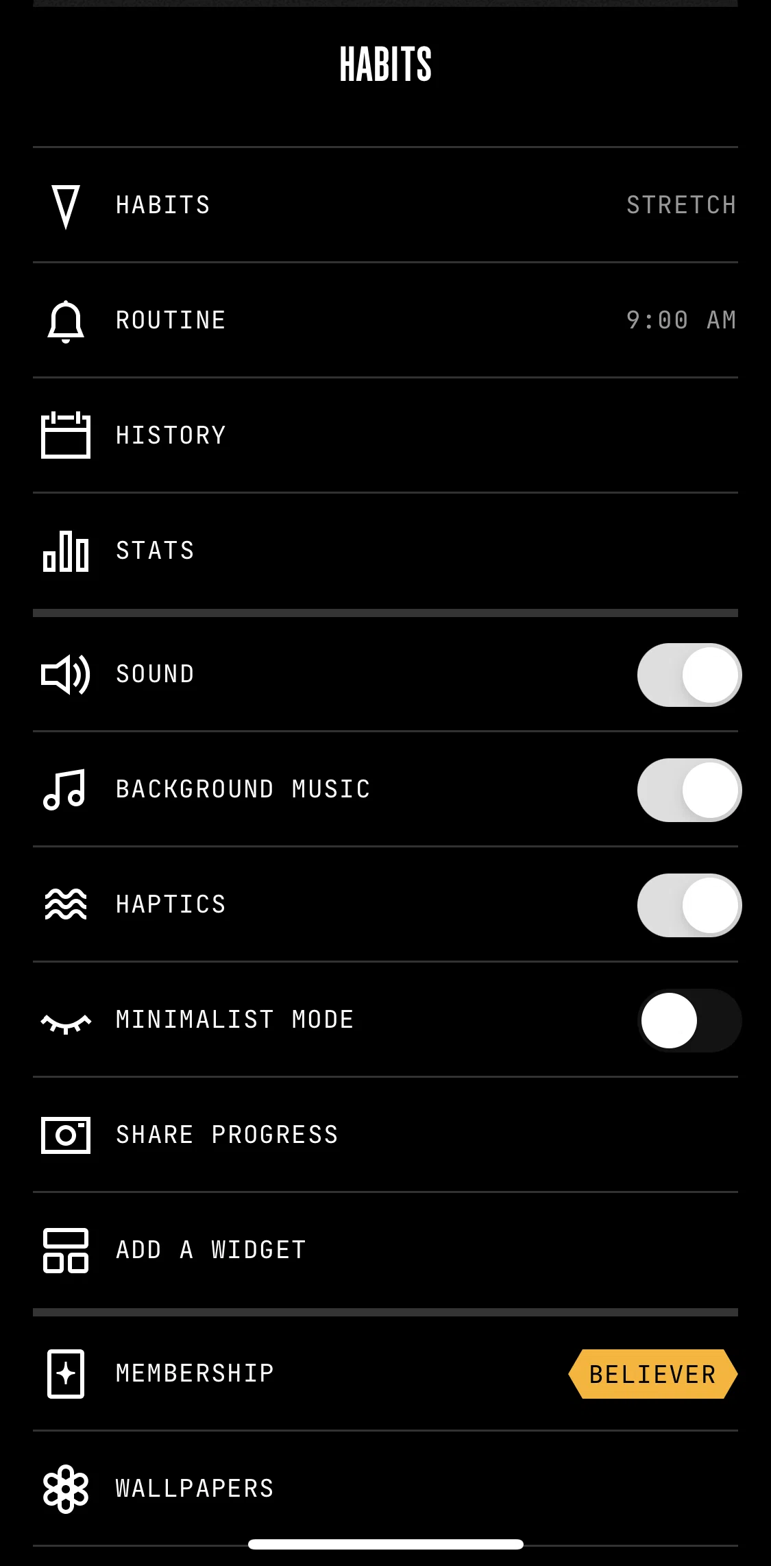 (Not Boring) Habits Screen screen in the Turning on minimalist mode flow