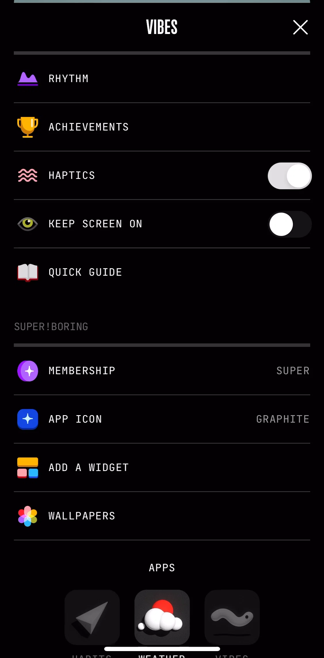(Not Boring) Vibes Screen screen in the Turning off haptics flow