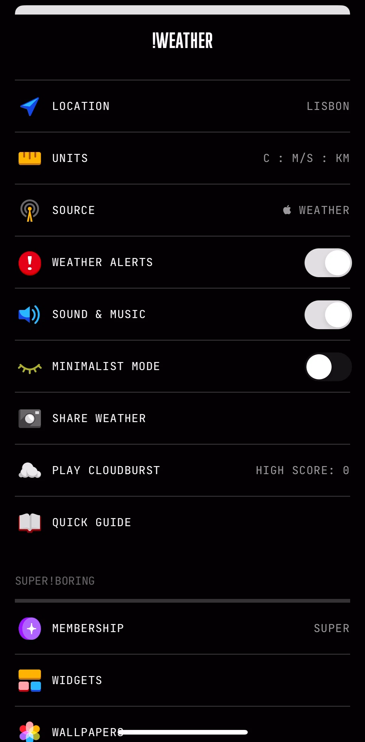 (Not Boring) Weather Screen screen in the Changing source flow