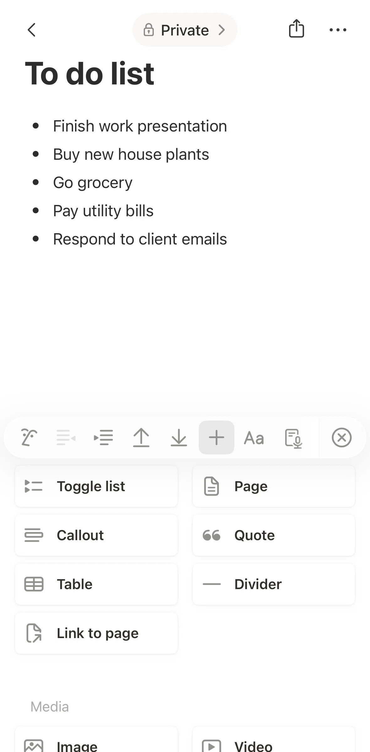 Notion Screen screen in the Adding a divider flow