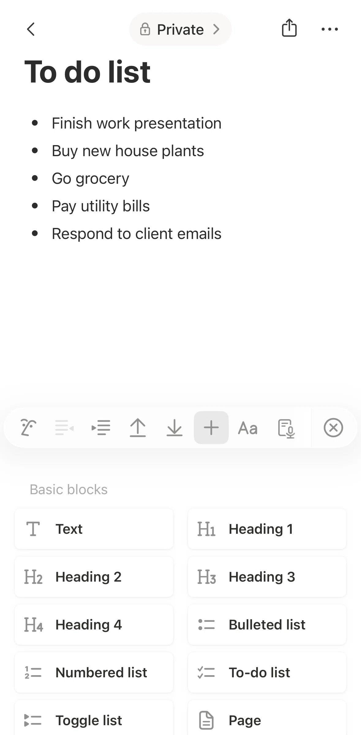 Notion Screen screen in the Adding a toggle list flow