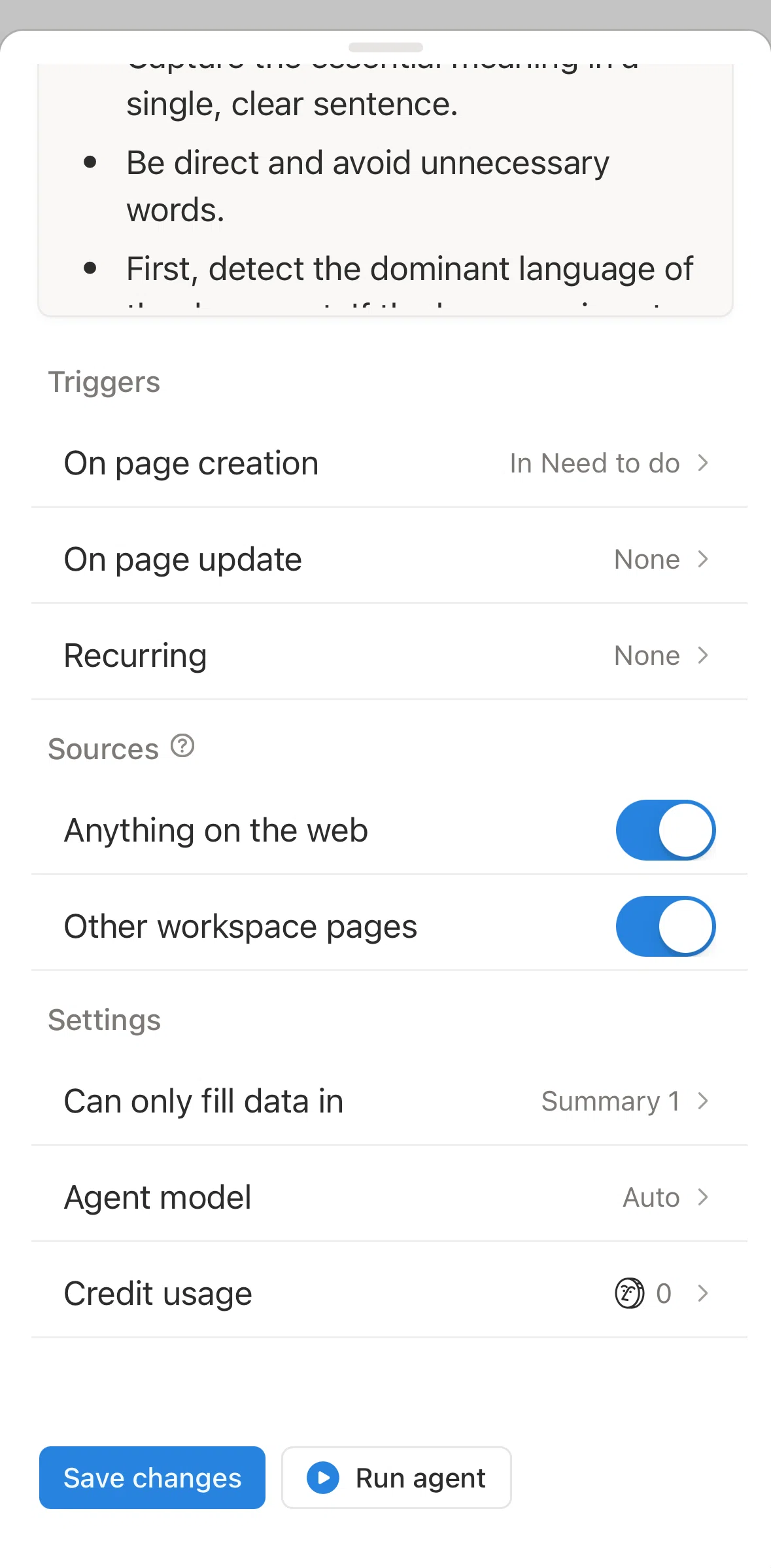 Notion Screen screen in the Changing an agent model flow