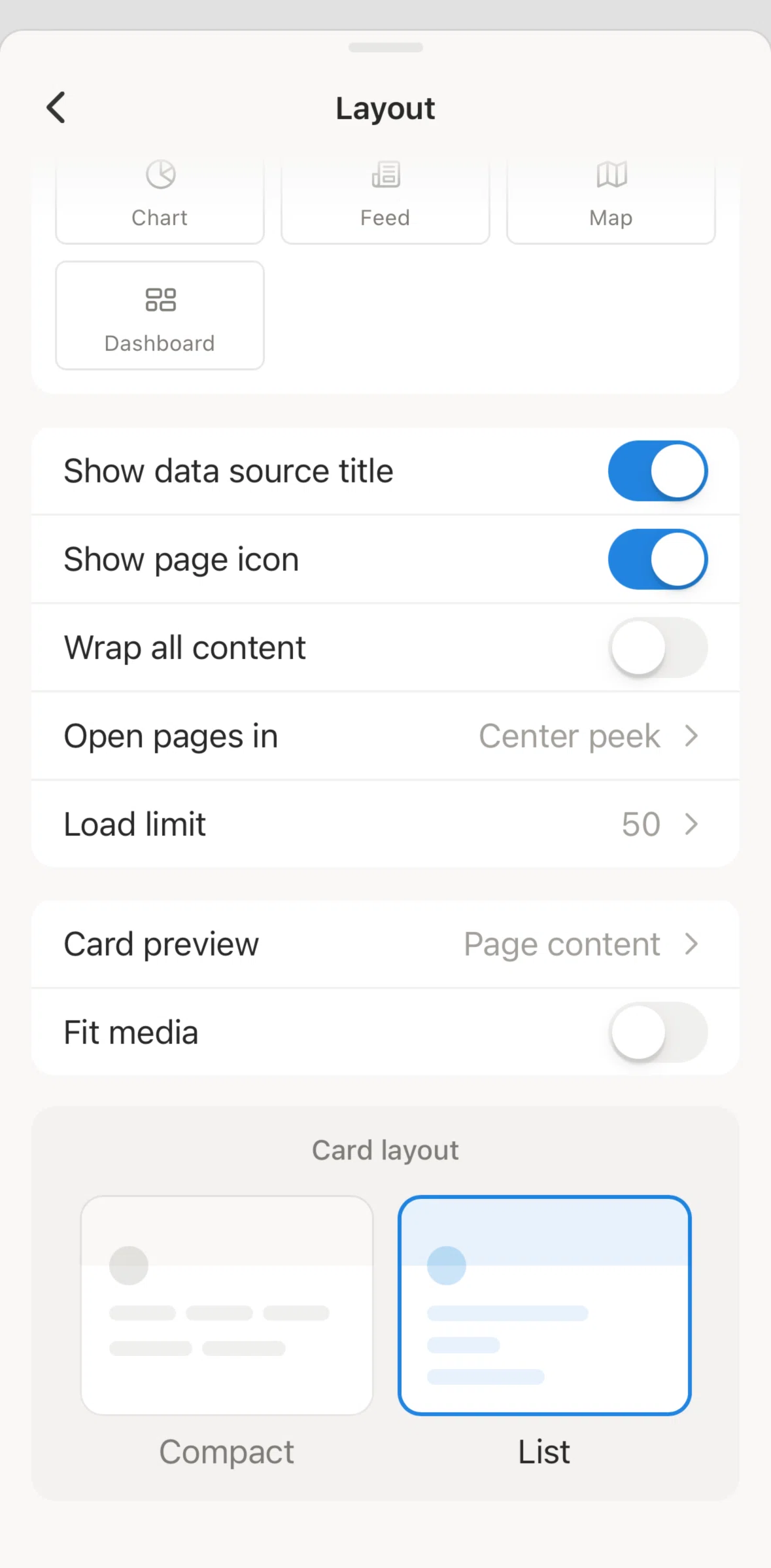 Notion Screen screen in the Changing card layout settings flow