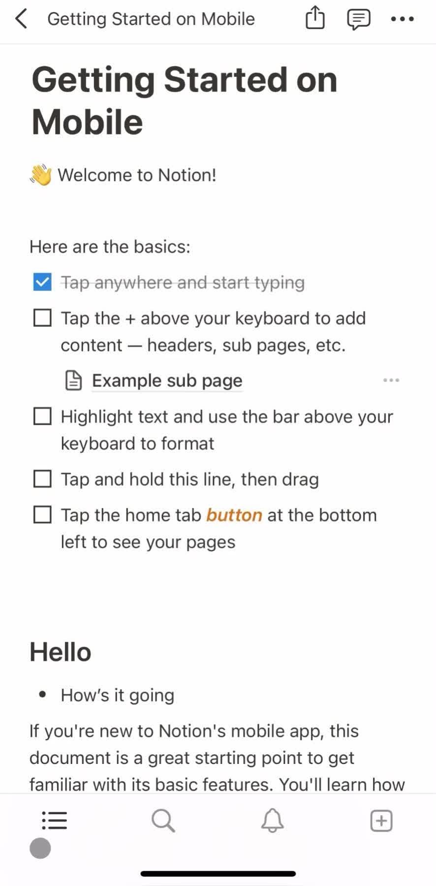 Notion Document editor screen in the Creating A Document flow