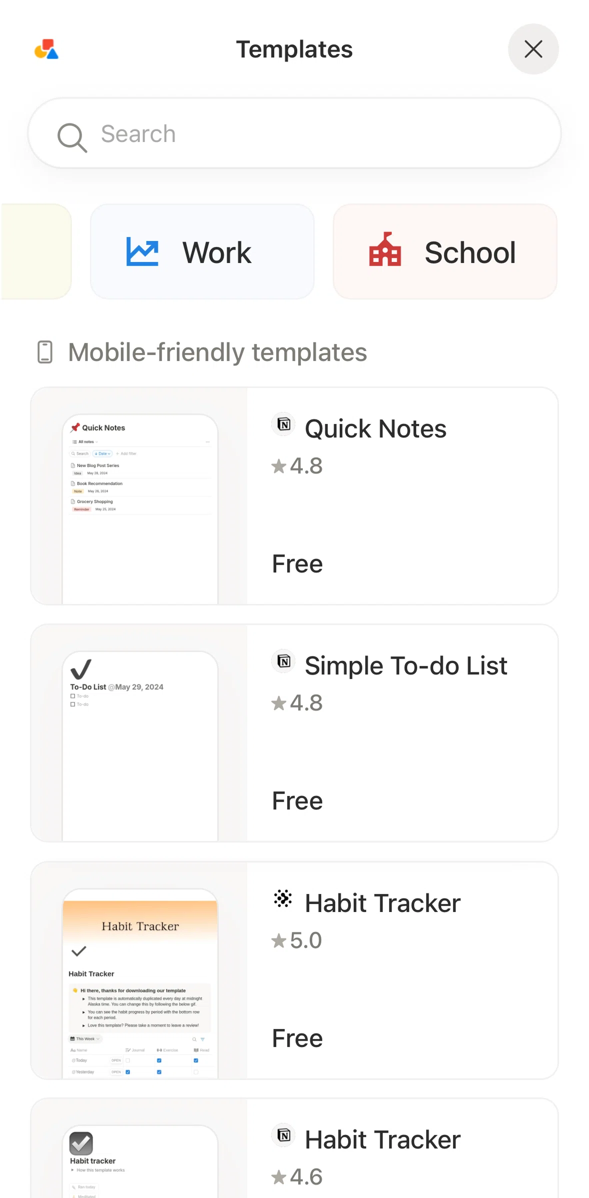 Notion Screen screen in the Creating a page (template) flow