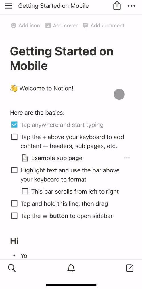 Notion Document editor screen in the Creating A Workspace flow