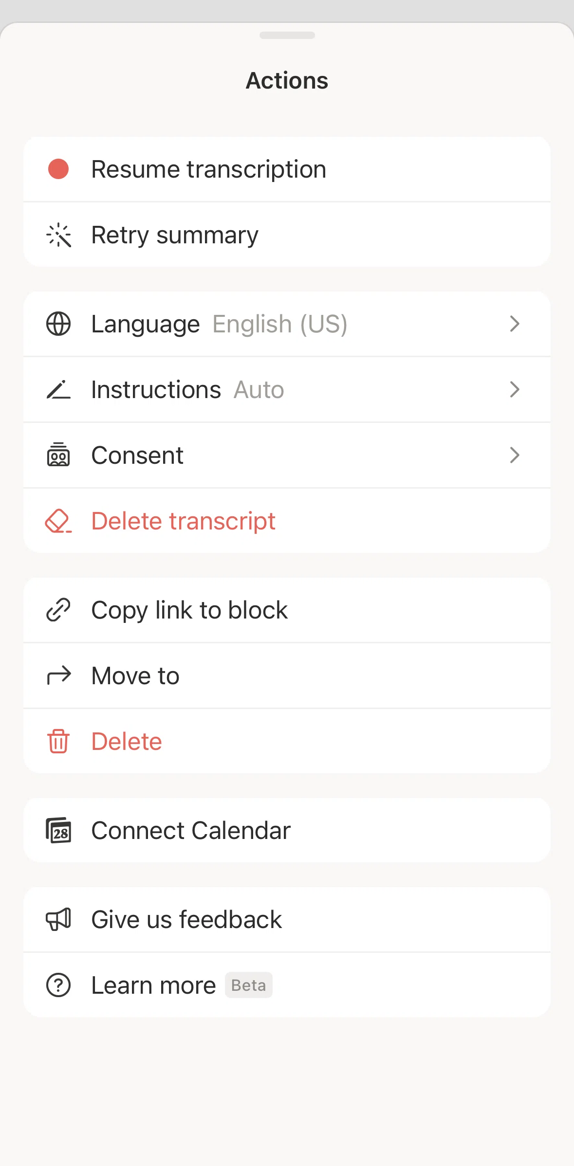Notion Screen screen in the Deleting a transcript flow