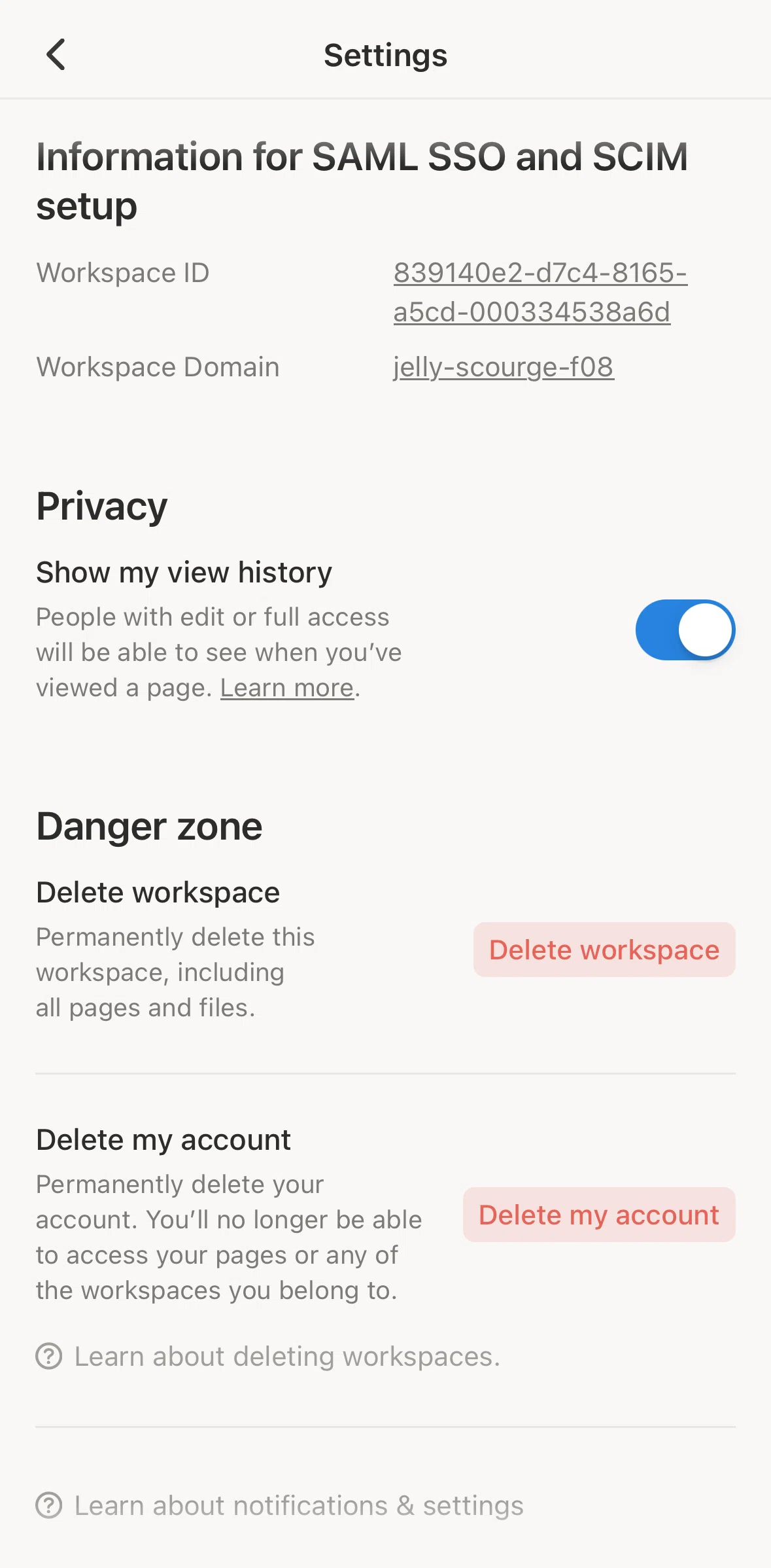 Notion Screen screen in the Deleting account flow