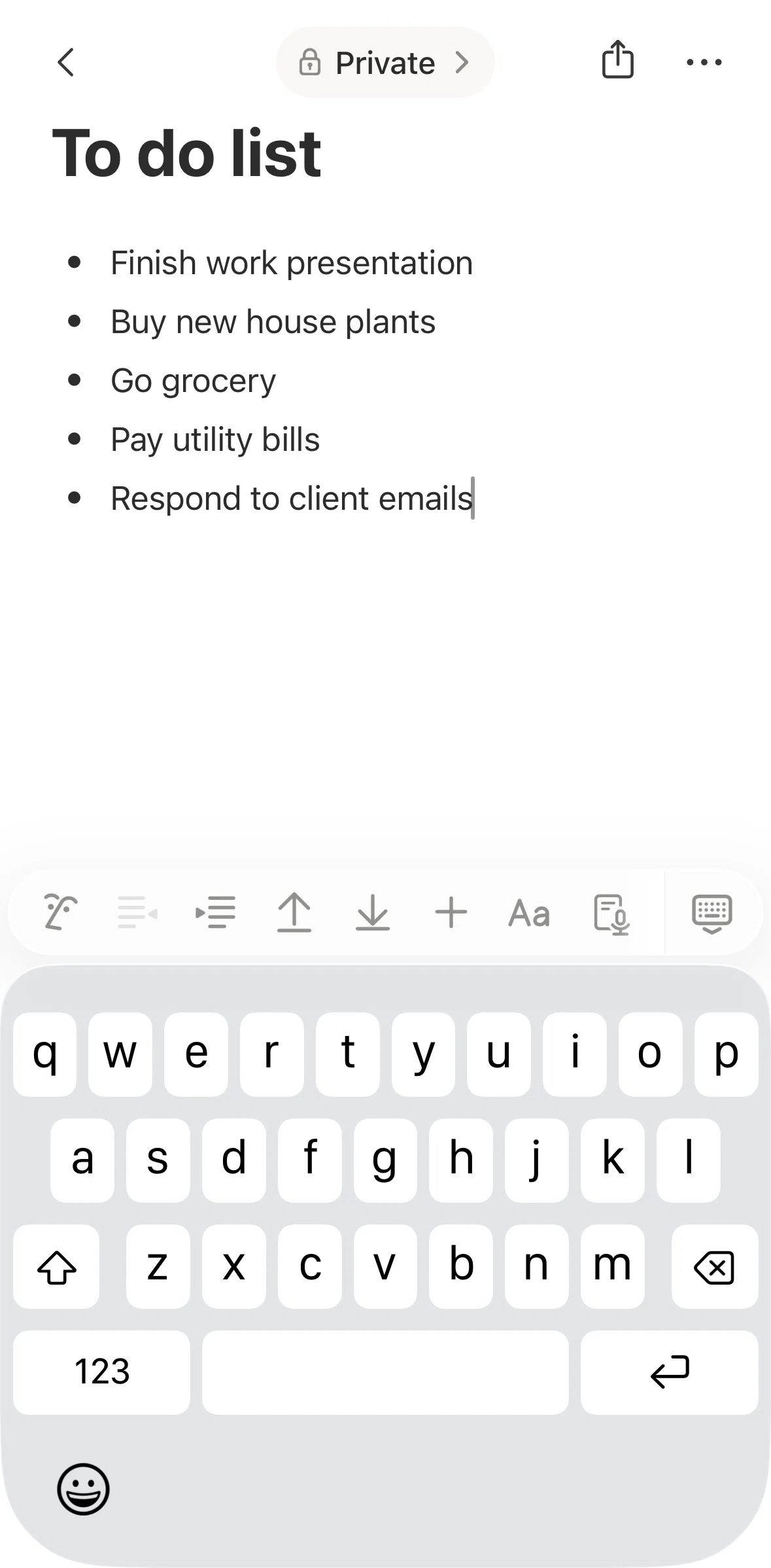 Notion Screen screen in the Editing text format flow