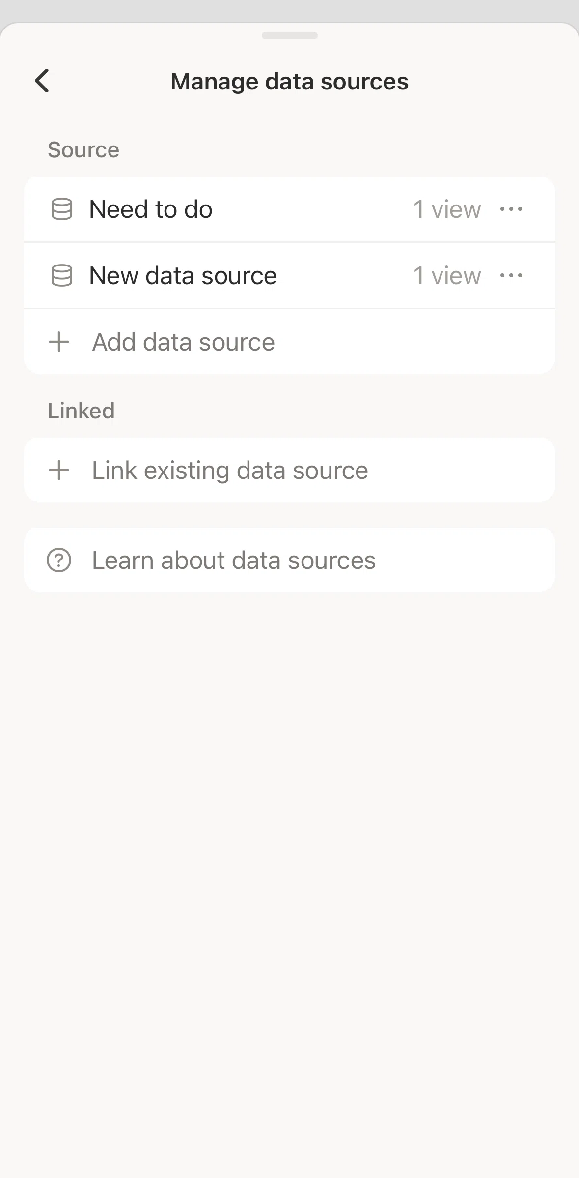 Notion Screen screen in the Linking an existing data source flow