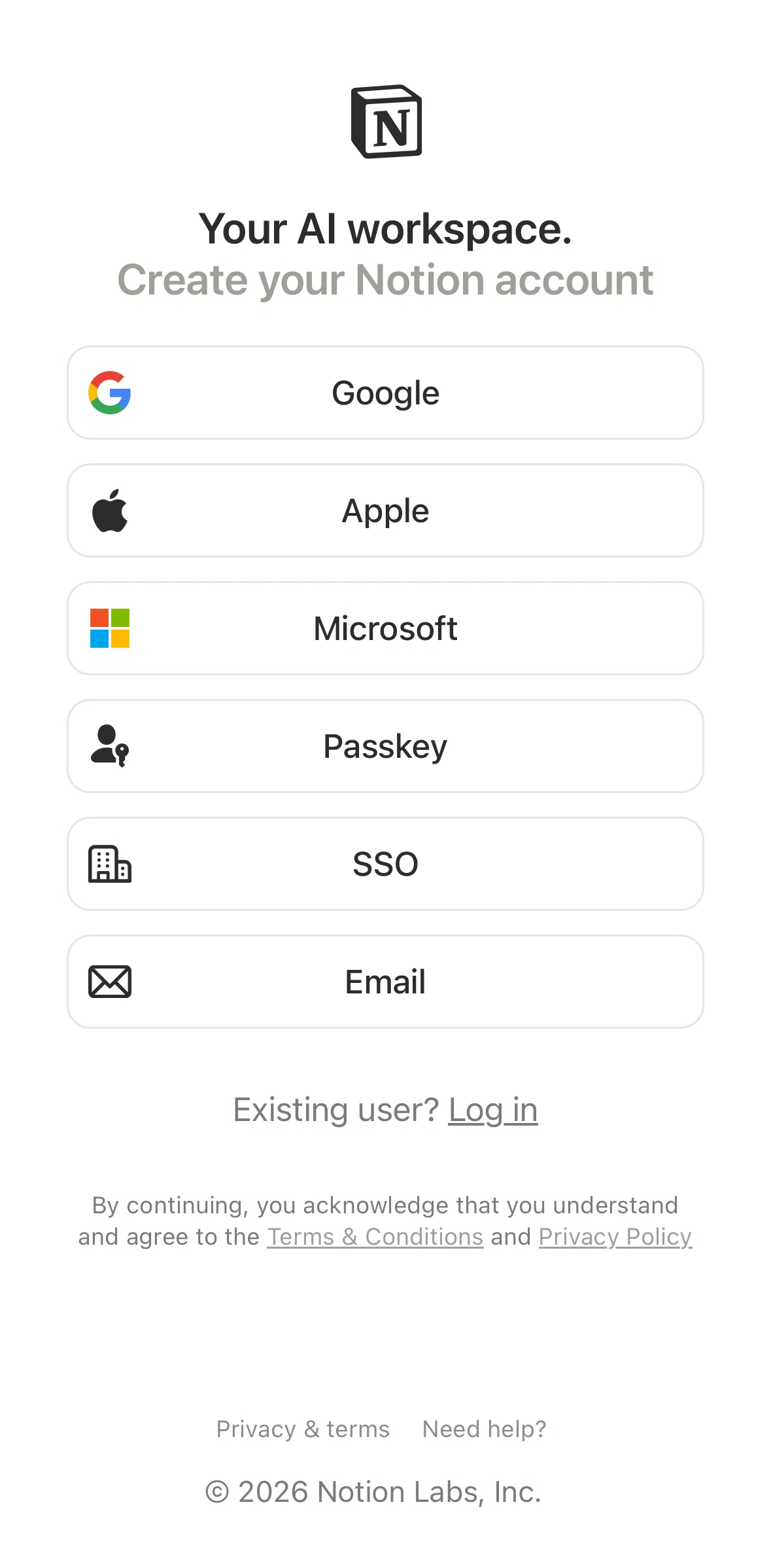 Notion Screen screen in the Logging in flow